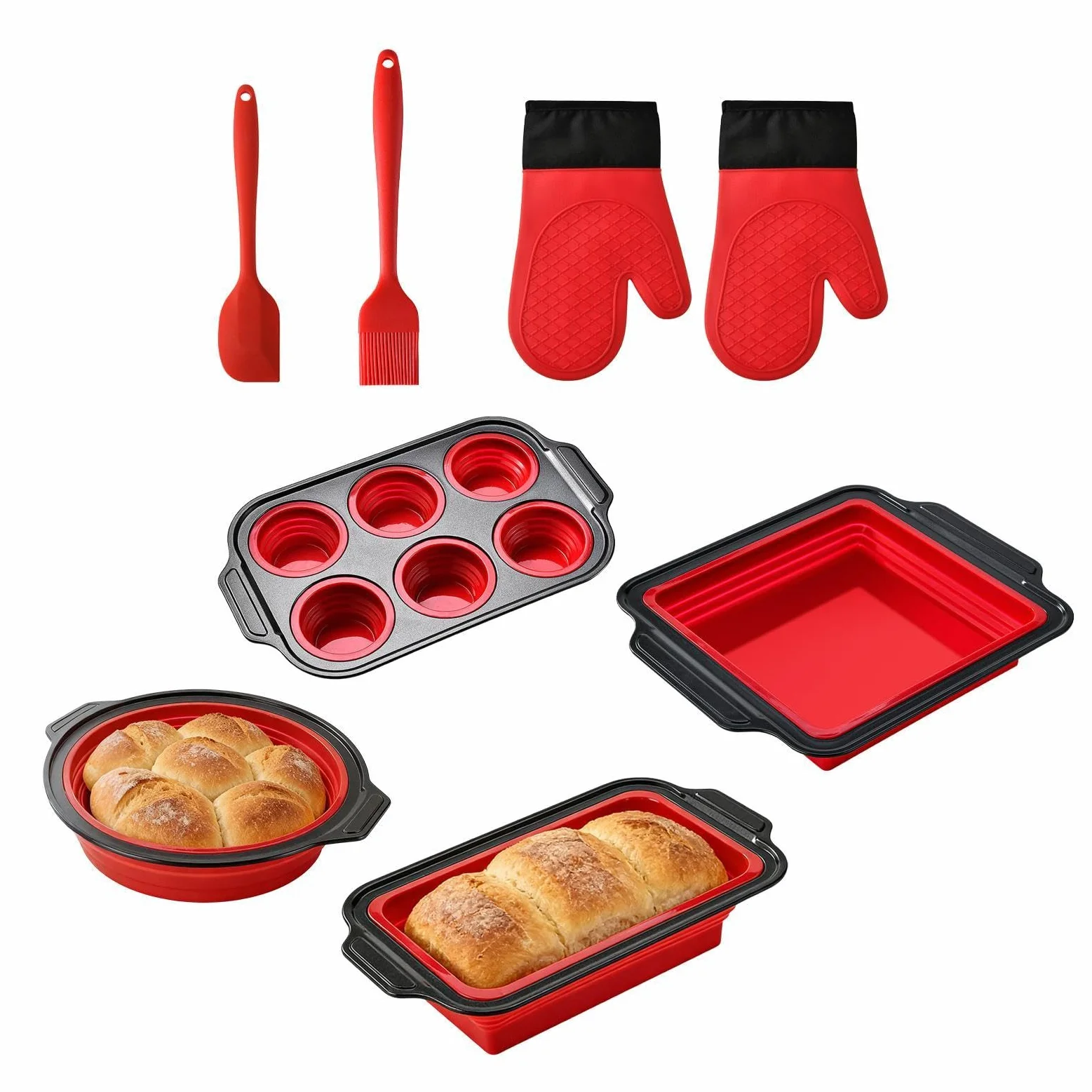 Juego de Moldes de Silicona para Hornear apilable y apto al lavavajillas | Con manoplas, rascador y cepillo, set con molde de silicona de horneado Para pan, galletas, huevos, horno, tostadora