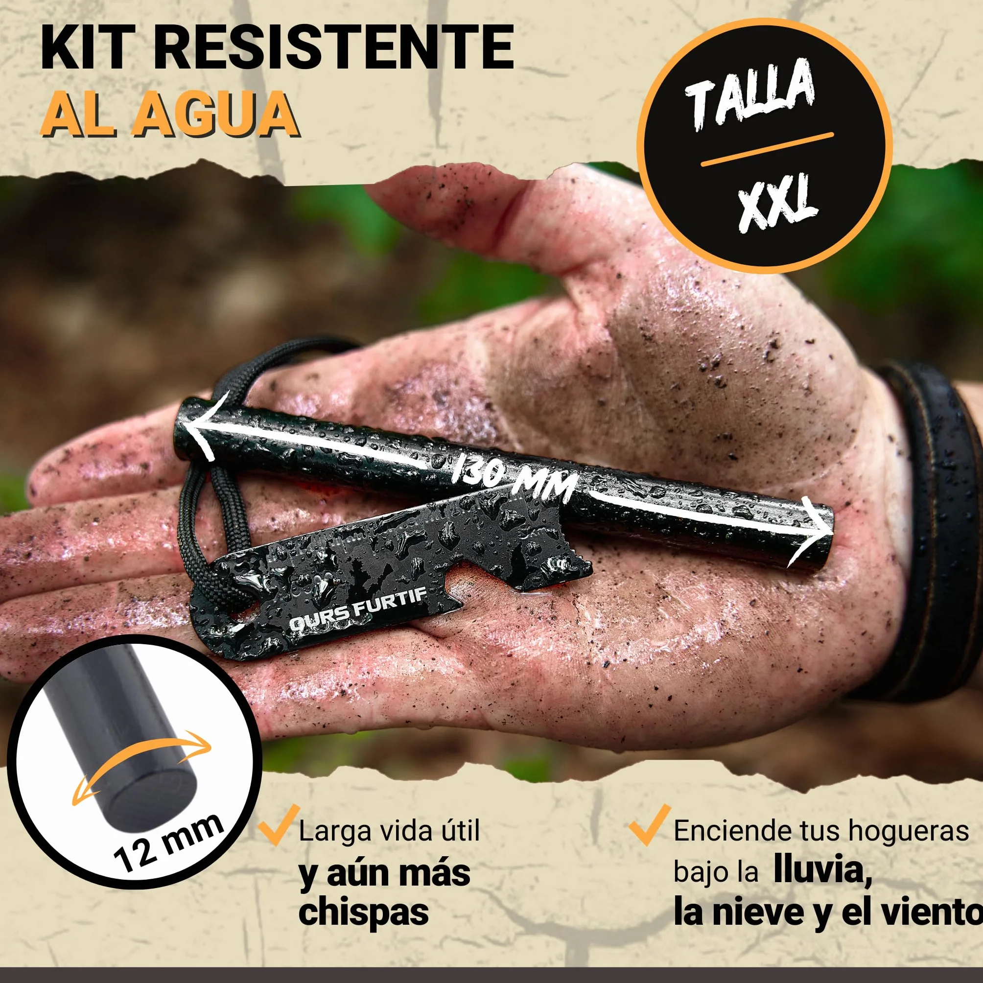 Pedernal Supervivencia Piedra de Fuego XXL Ferrocerio 12mm 20 000 usos Camping Bushcraft