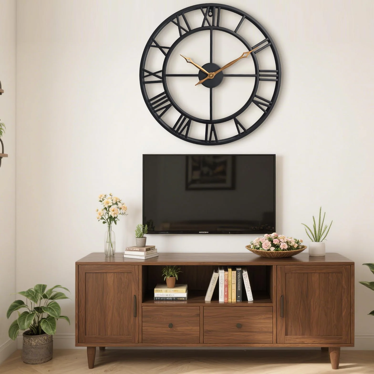 Reloj de pared grande, redondo, silencioso, industrial, vintage, de metal negro, estilo rústico, con grandes números romanos