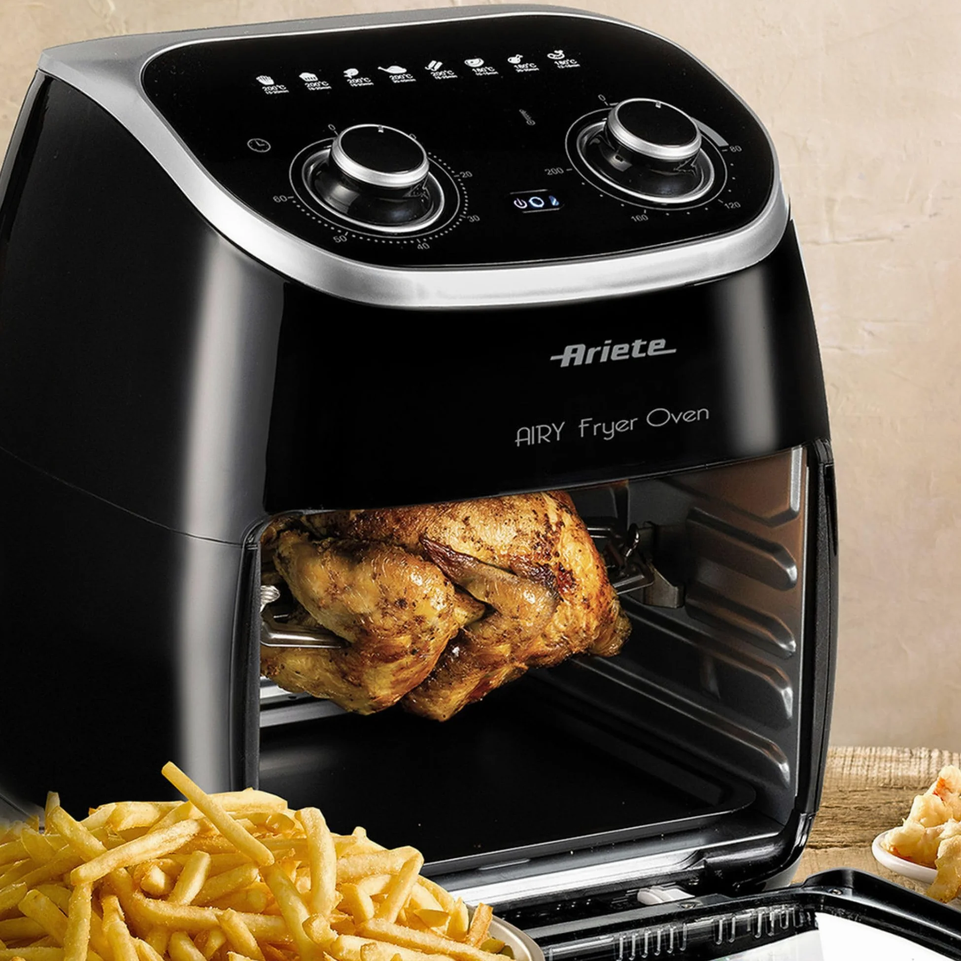 Ariete 4619, Freidora de aire y horno en uno, 11 L, multifunción, temporizador 60 minutos, puerta transparente extraíble, temperatura 80, 200º C, 2000 W, negro