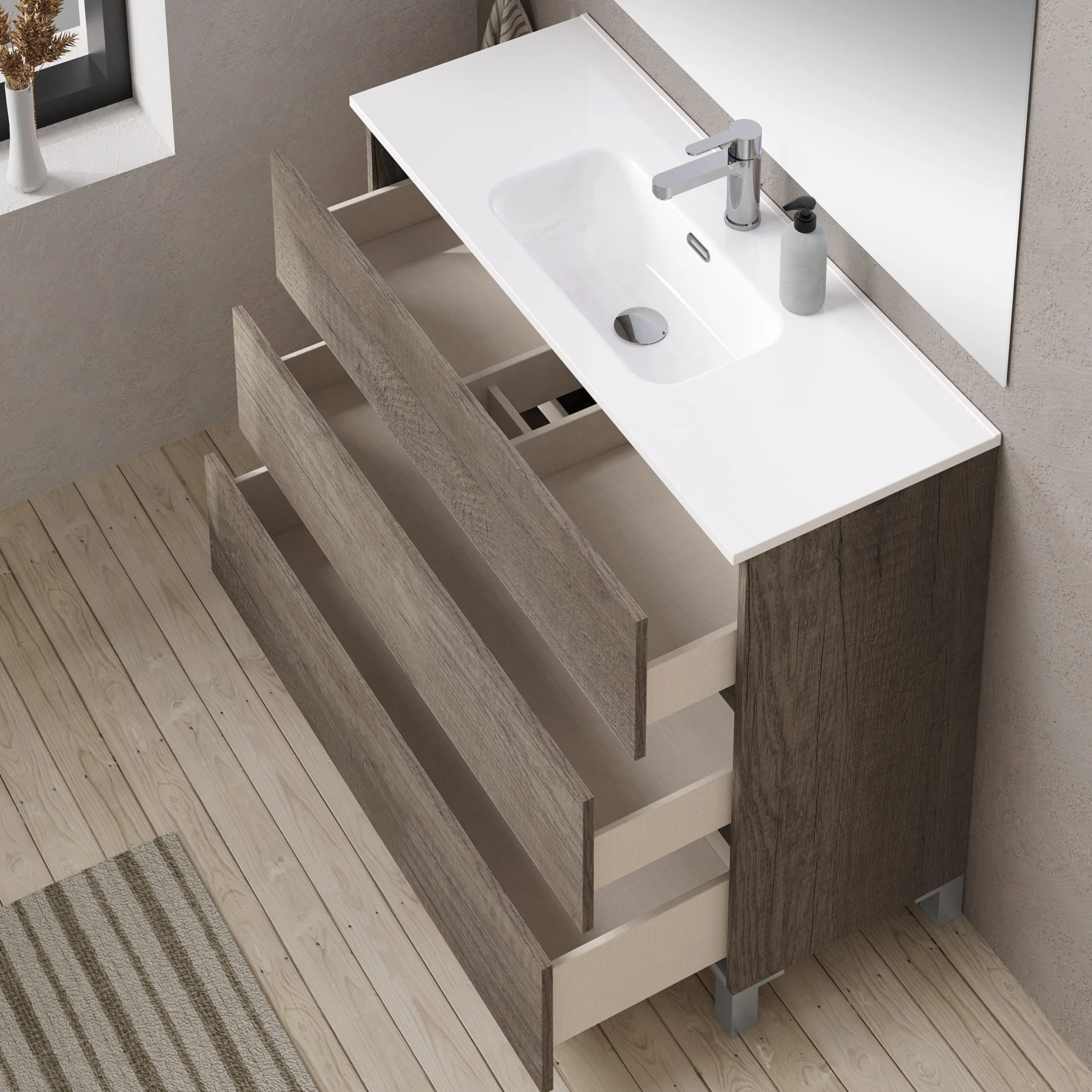 Baikal, Conjunto de baño Natura. Mueble de Baño de Fondo Reducido, con Lavabo cerámico. Distribución Tres Cajones. Mueble MONTADO. Tres Cajones con Espejo. Fondo 39cm 90 cm Nebraska