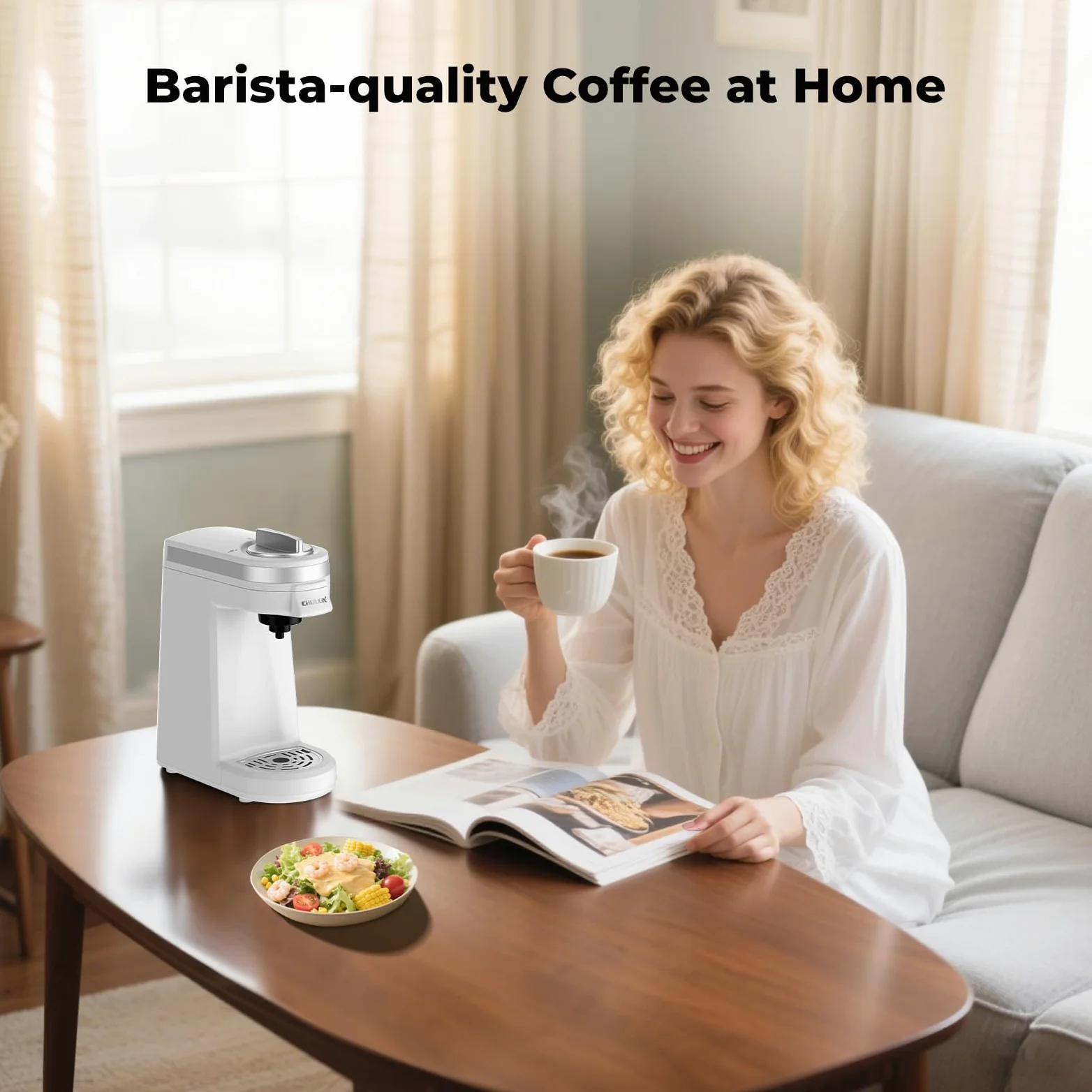 CHULUX Mini cafetera de viaje 2 en 1 para cápsulas K y café molido, cafetera de una sola porción para taza americana, cafetera de cápsulas ligeras, blanco perla