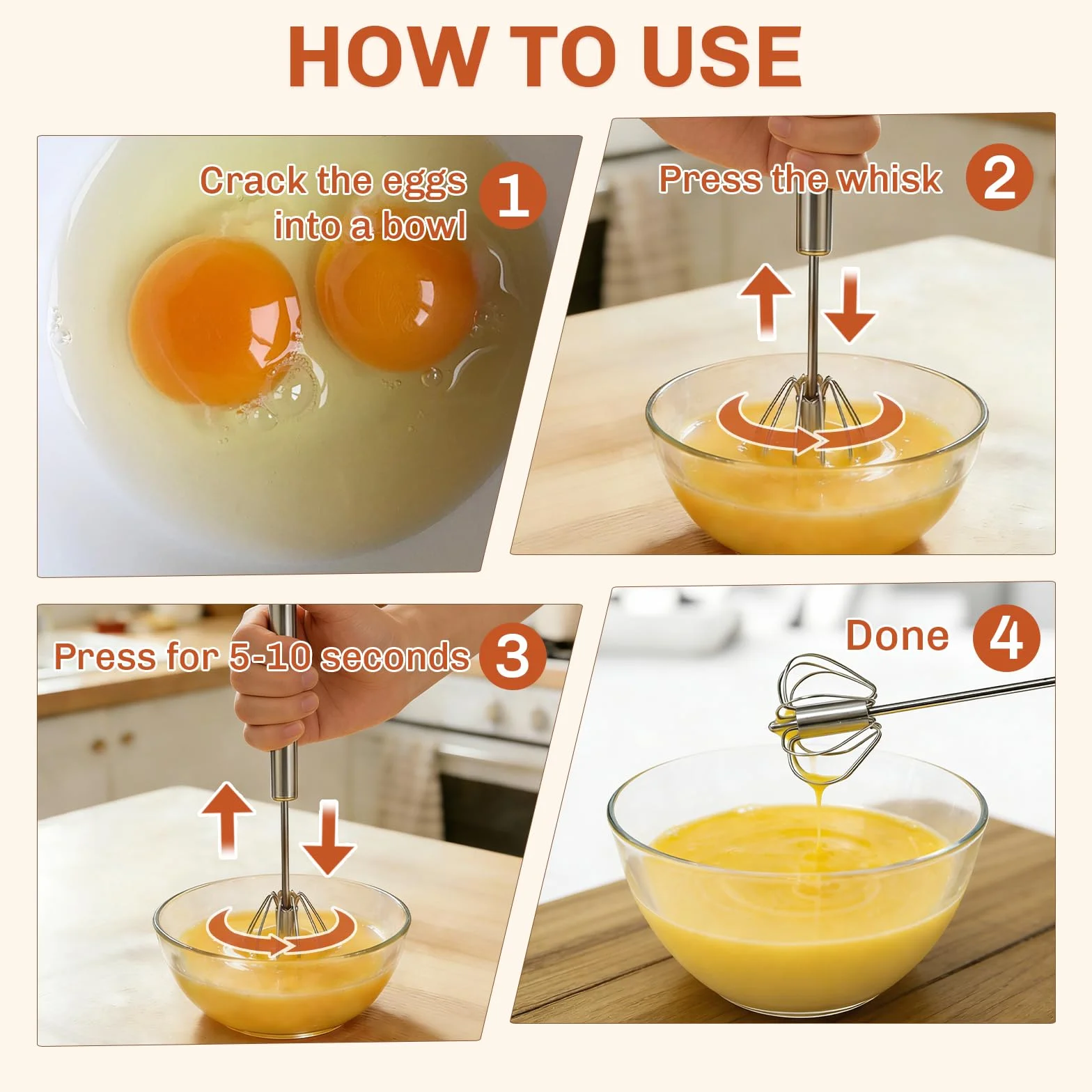 3 Piezas Batidor Semiautomático de Acero Inoxidable, Batidor Manual de Huevos con Mecanismo de Resorte Barillas Batir Manual para Mezclar, Revolver la Masa, Huevos, Espumar, Batir