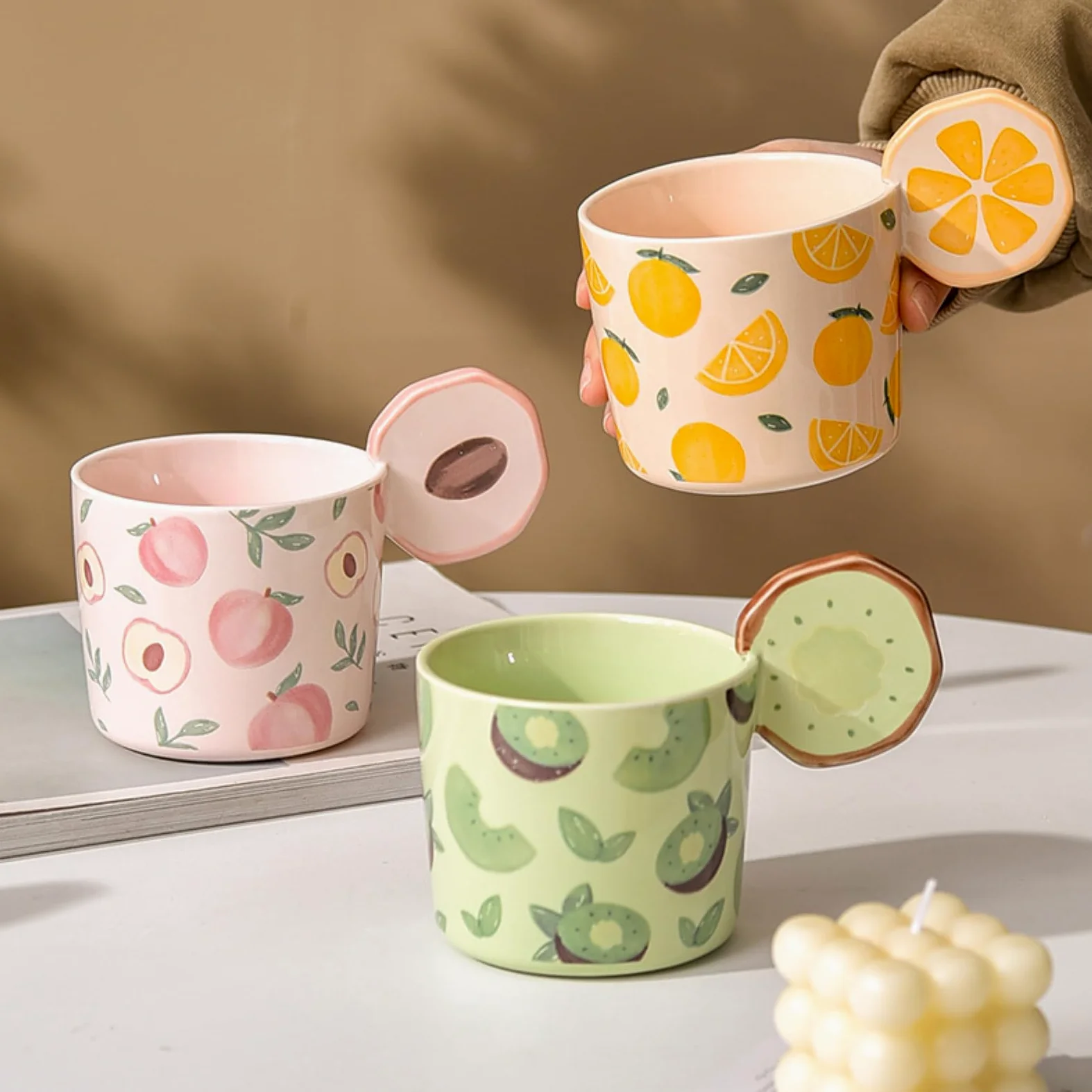 Taza de cerámica creativa de frutas de 500 ml, diseño de flores, color naranja, 500 ml