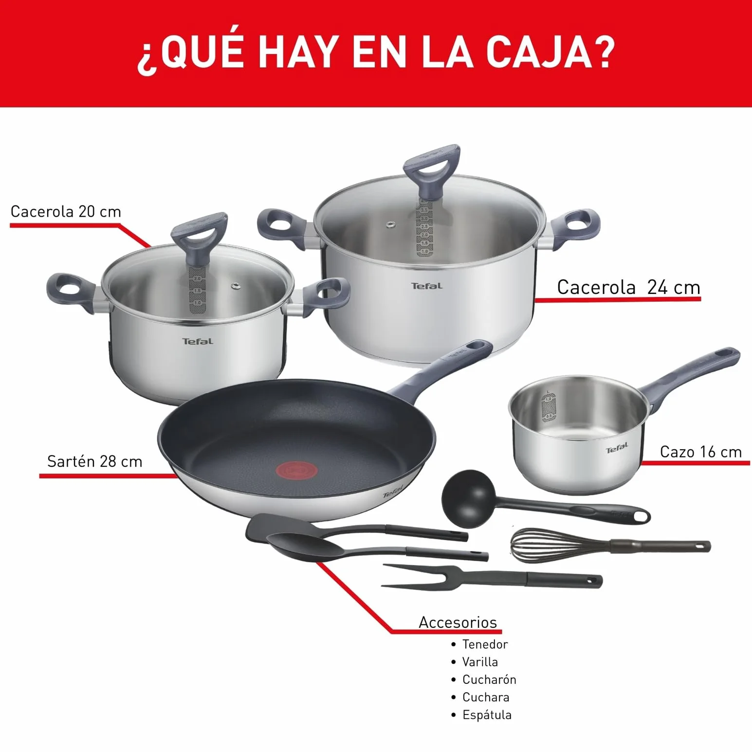 Tefal Daily Cook - Juego de Sartén antiadherente 28 cm + 2 Ollas 20/24 cm + Cazo 16 cm + 5 Accesorios, Apto inducción, Thermo-Fusion, marcas medición, apto lavavajillas y horno, acero inoxidable