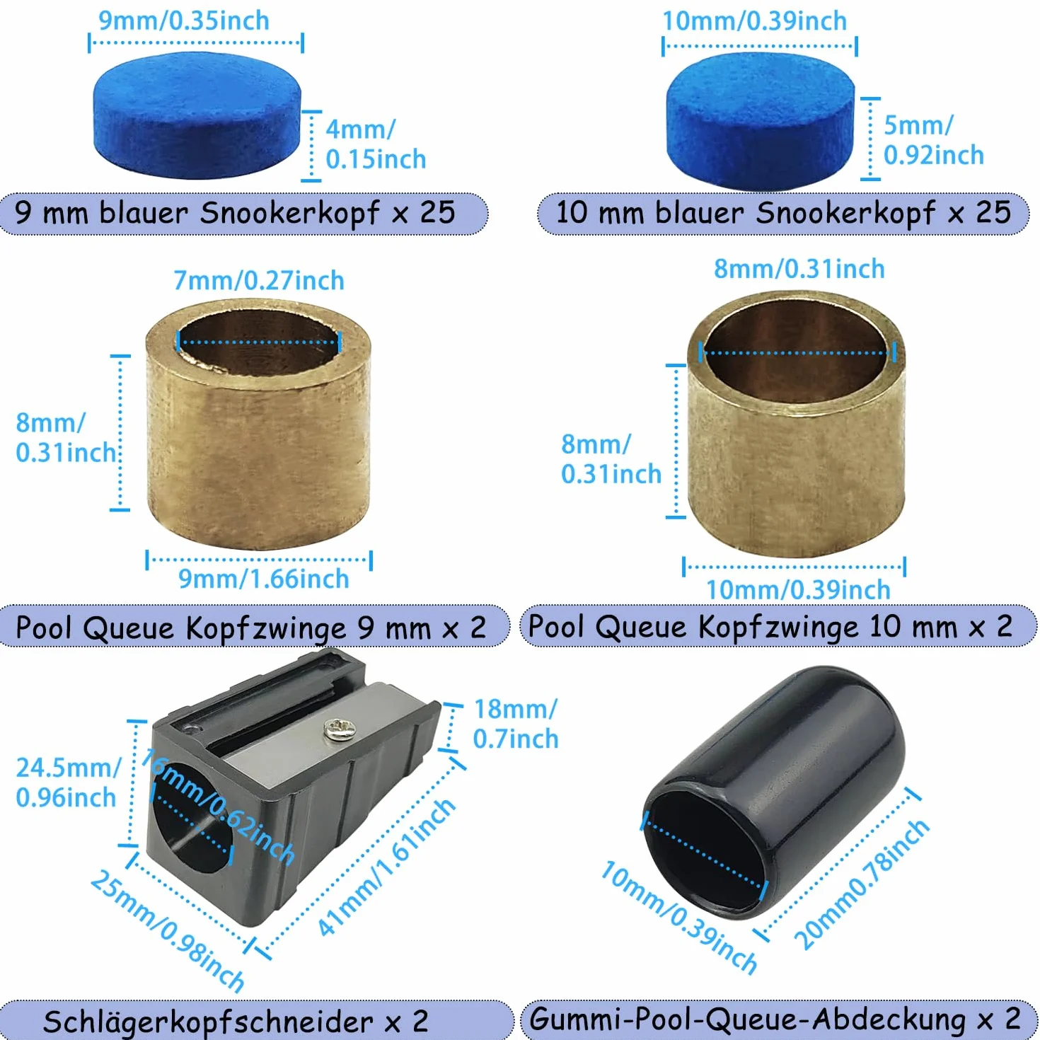 Kit de ajuste de taco de billar SHUIYUE, incluye puntas de taco, protector de taco de billar, afilador de punta de taco, ferrules de punta de taco, con caja de almacenamiento