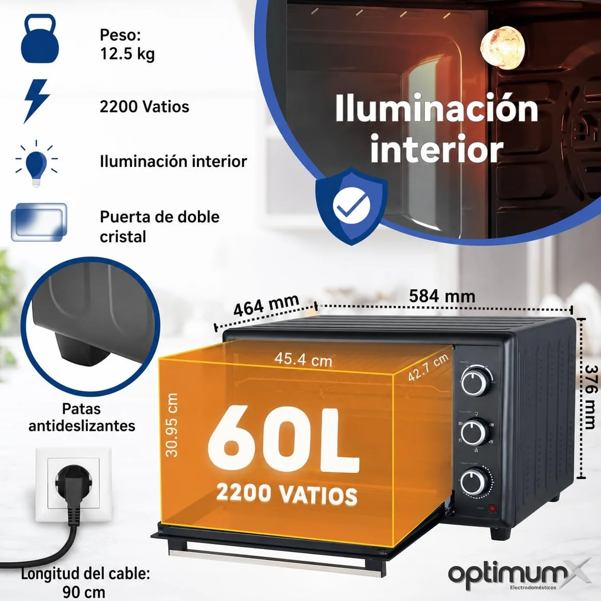 OptimumX Horno Eléctrico de Sobremesa 60L XXL con Convección, Asador Giratorio & Luz Interior, 2200W, 40–230 °C