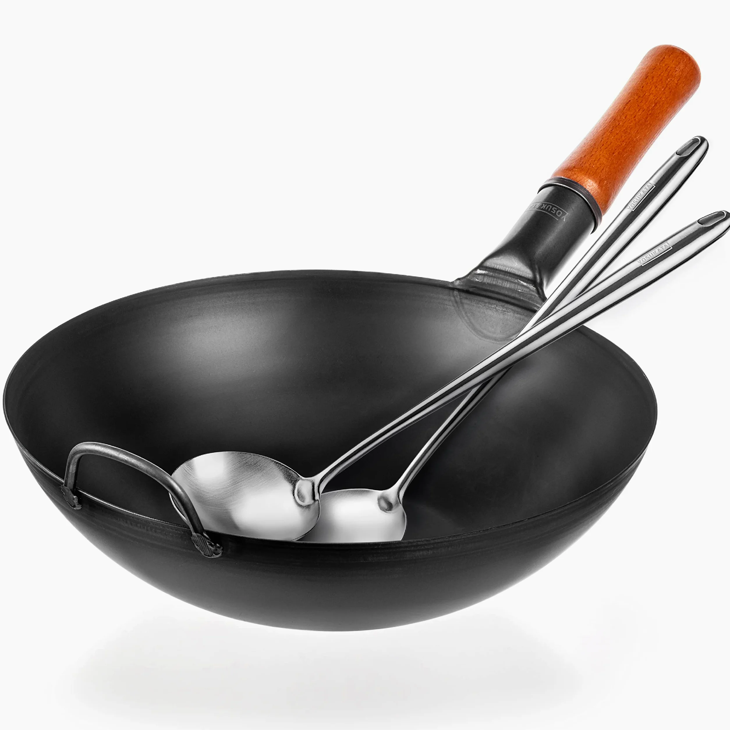 YOSUKATA Sartén Wok de Acero al Carbono 34 cm – Pre-sazonado de Fondo Plano + Espátula y Cucharón para Wok 43 cm