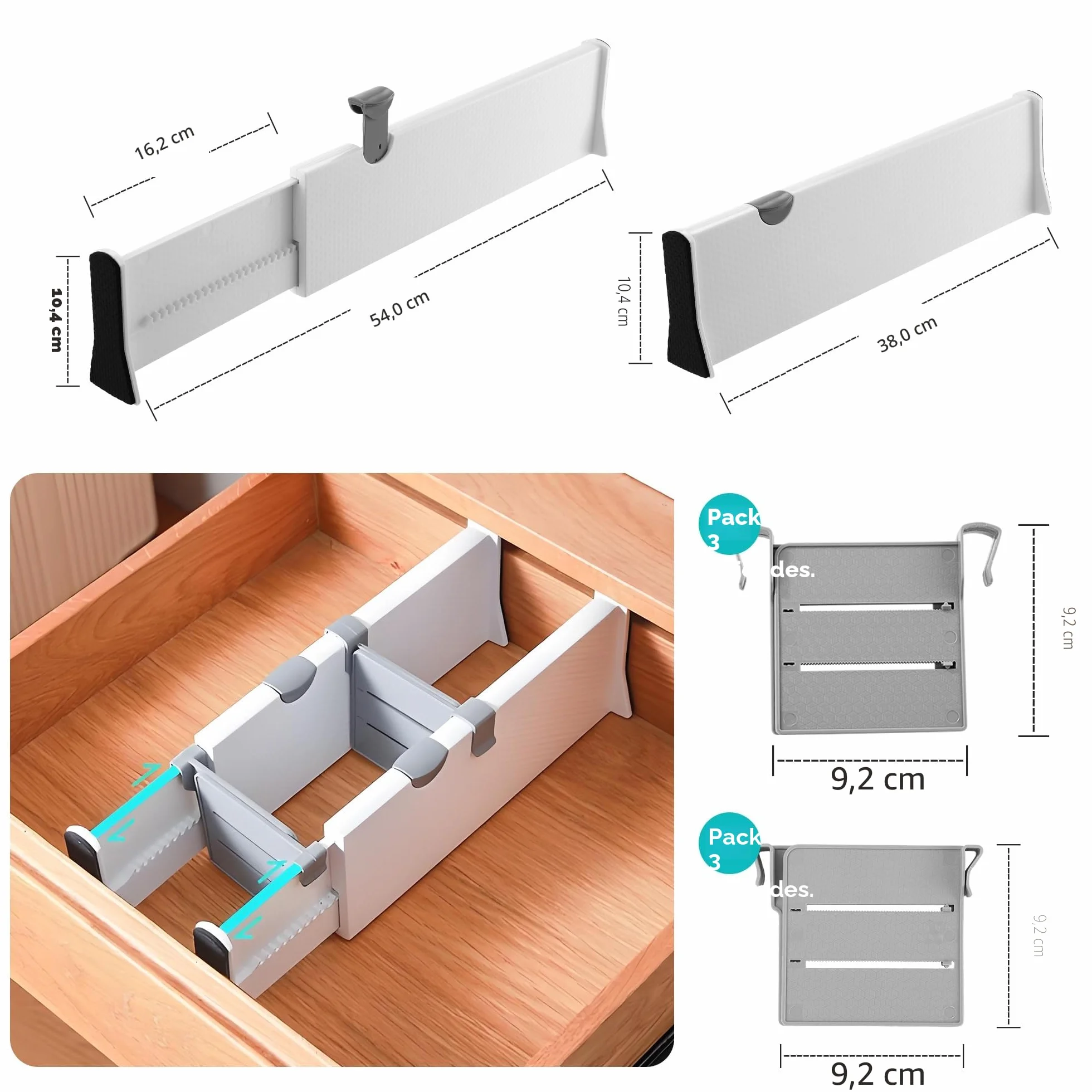 Separadores de Cajones de Plástico Ajustables 37.5-54 cm Paquete de 4 Blanco