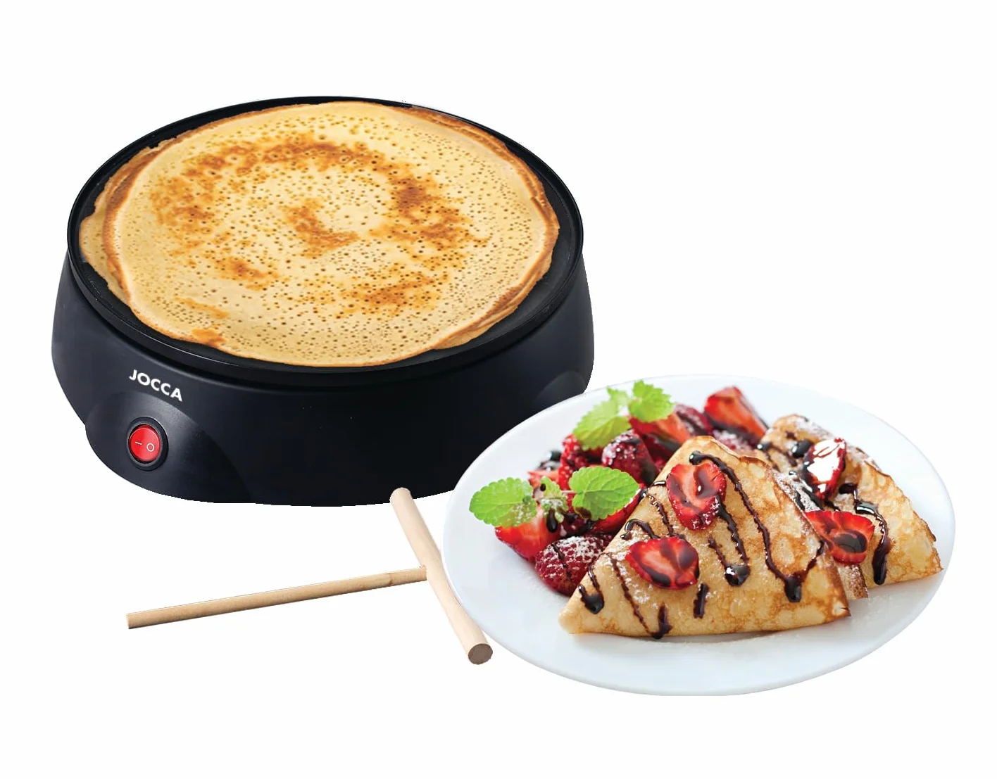 JOCCA - Máquina Crepera Eléctrica con Placa de 22 cm de Diámetro| Potencia 700W| Revestimiento Antiadherente| Incluye Esparcidor de Madera| Boton on-off| Indicador Luminoso| Ideal para fiestas| Negro