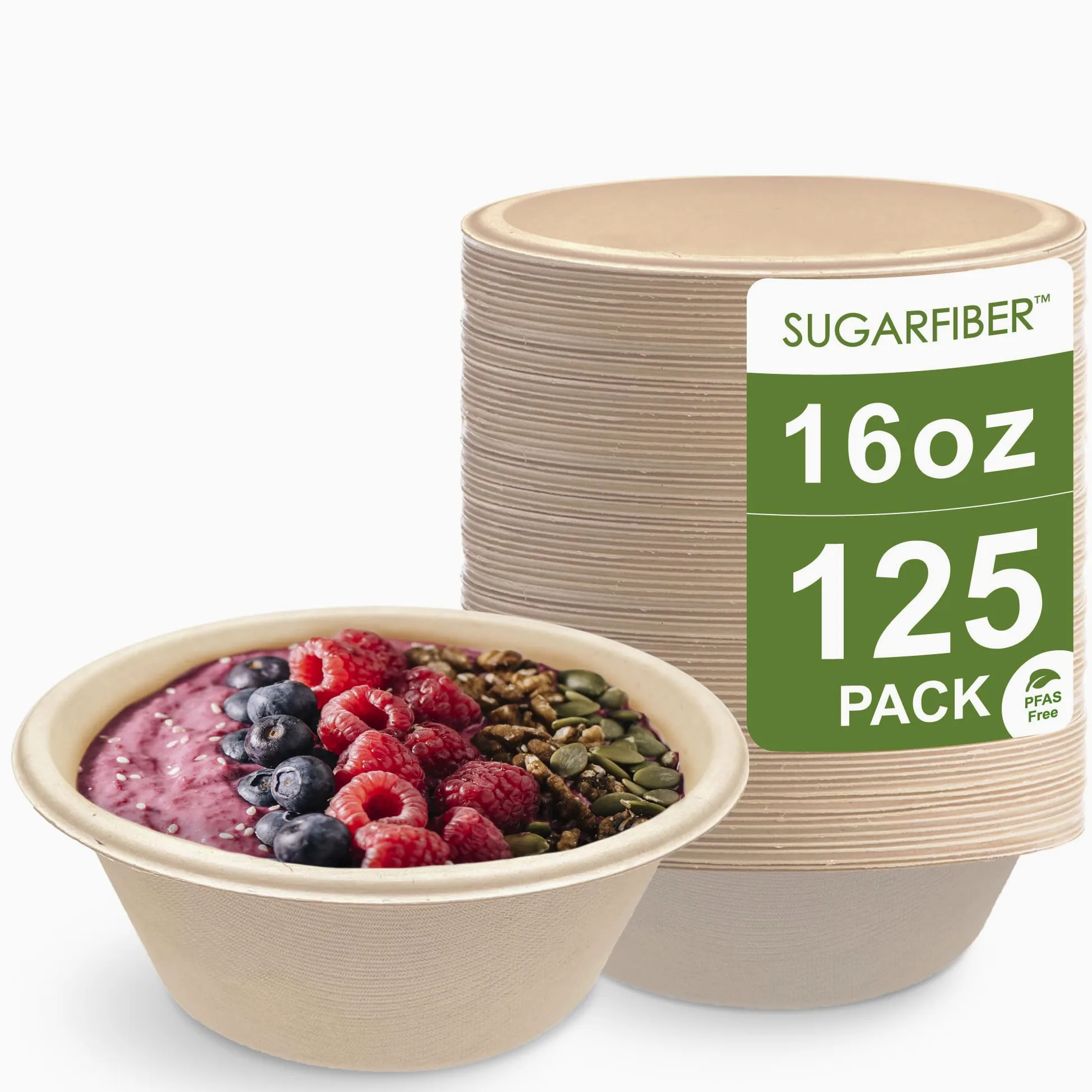 [125 cuentas] Tazones redondos de 16 onzas, contenedores ecológicos compostables hechos fibras vegetales para preparación de comidas para llevar platos de vajilla Catering 100% subproducto