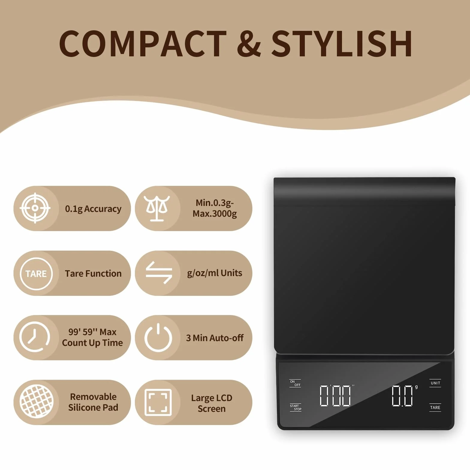 Báscula de café de alta precisión de 3 kg/0,1 g con temporizador, pantalla LCD retroiluminada, función de tara y conversión de unidades para espresso, vertido, preparación por goteo