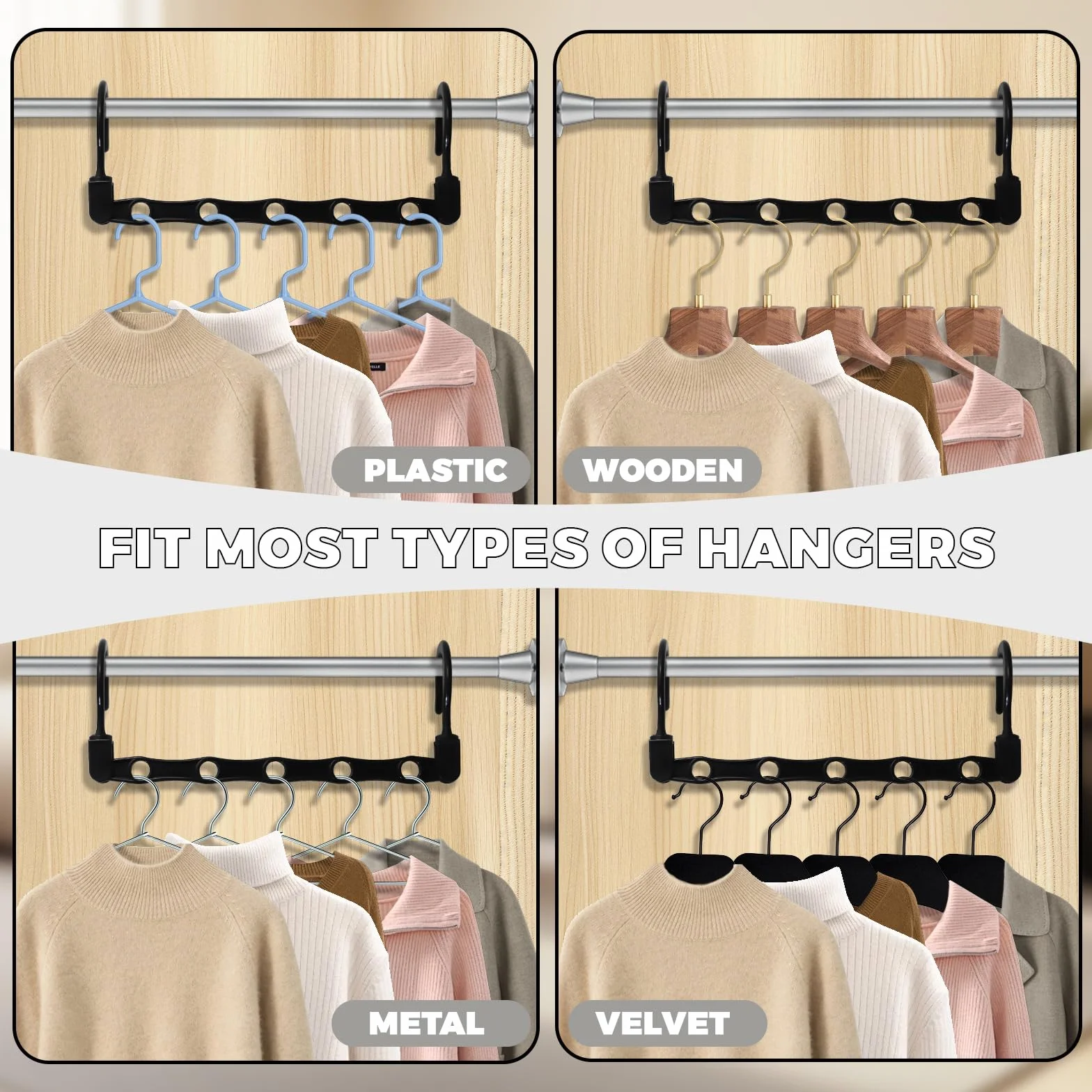 10 pcs Perchas Mágicas - Ahorro Espacio Organiador con 6 Agujeros y Gancho Giratorio de 360° - Ahorrar Espacio Perchas para Ropa Pesada, Negro