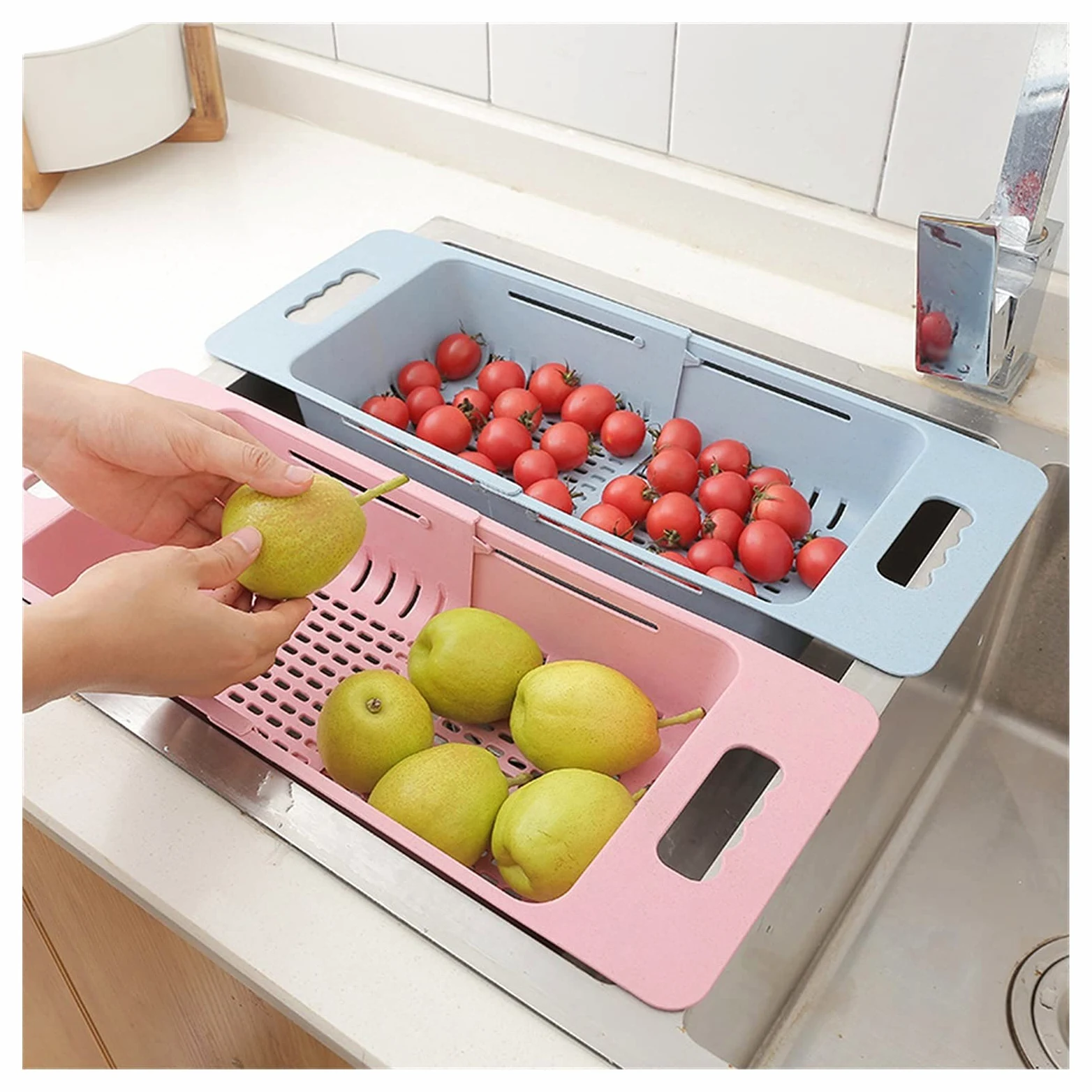 Colador Drenaje Cesta de Vegetales Colapsibles Colador Frutas y Verduras Cesta de Drenaje Stradero Ajustable sobre el Fregadero para la Cocina Coladores de Alimentos (Color : Blue)