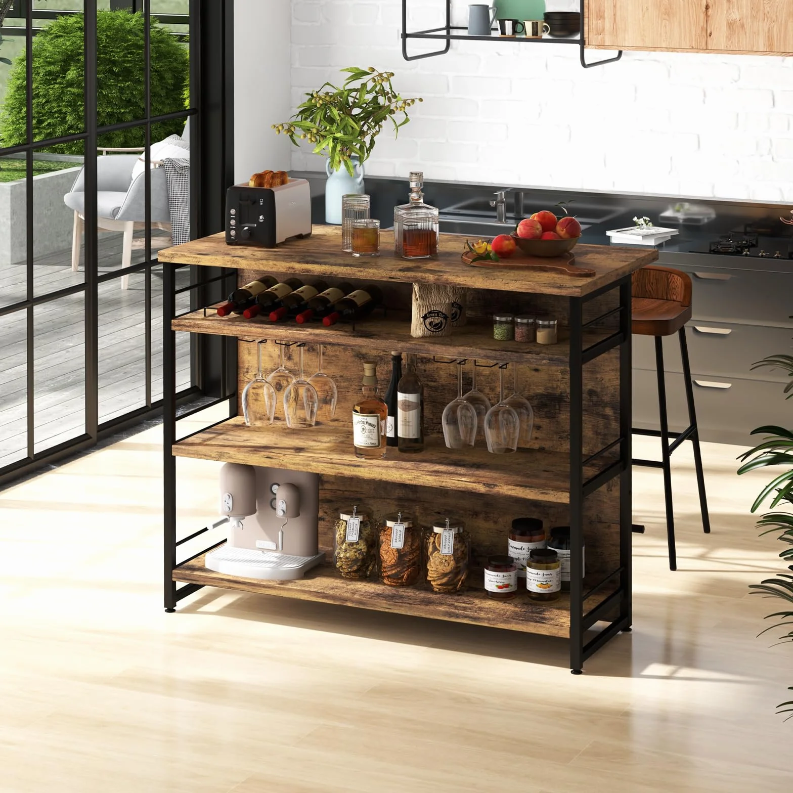 KOMFOTTEU Mesa Alta de Bar para Cocina, Mesa Barra de 4 Niveles con Botellero y Soporte para Cristal, Mueble de Comedor con Reposapiés, 120 x 60 x 101 cm (Industrial)