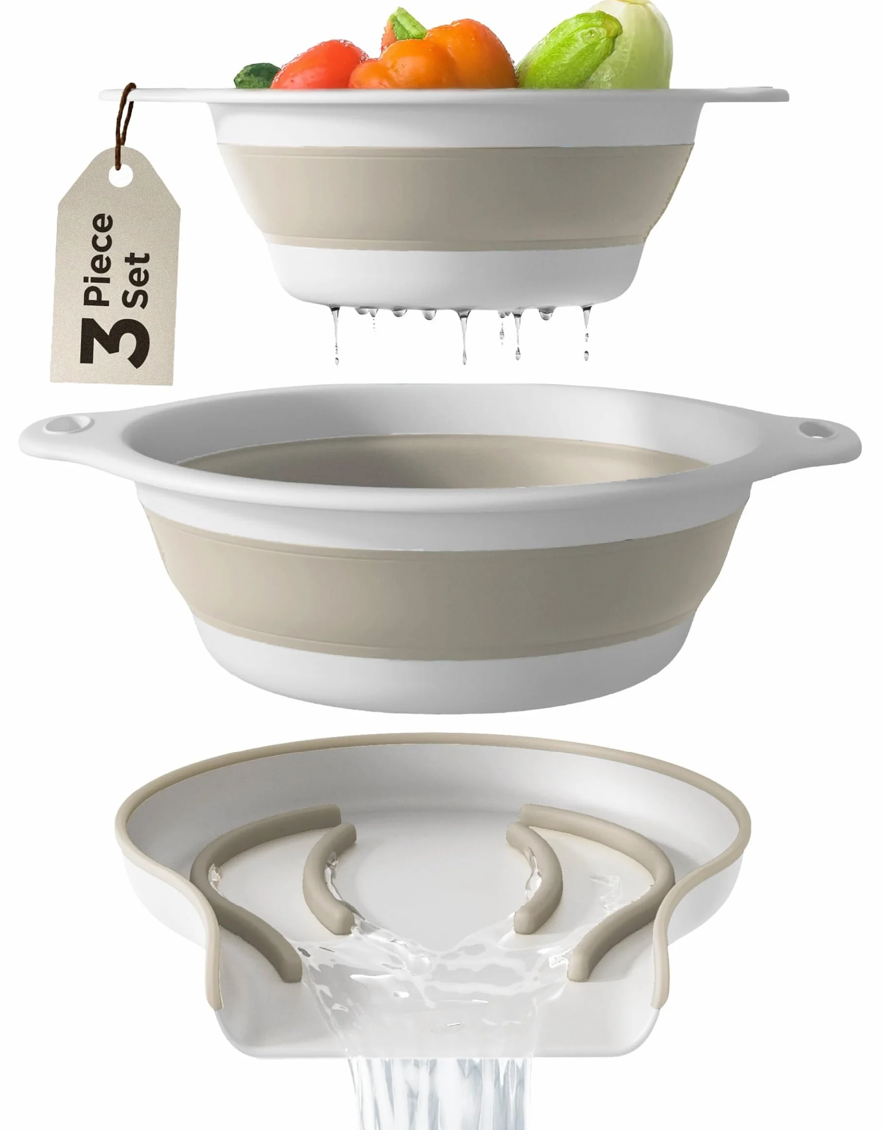 GEVOLI Coladores plegables (lote de 2) - Coladores de alimentos con base de goteo para fregadero, ideales para pastas, frutas y verduras (4 L y 5 L) - Blanco/Beige