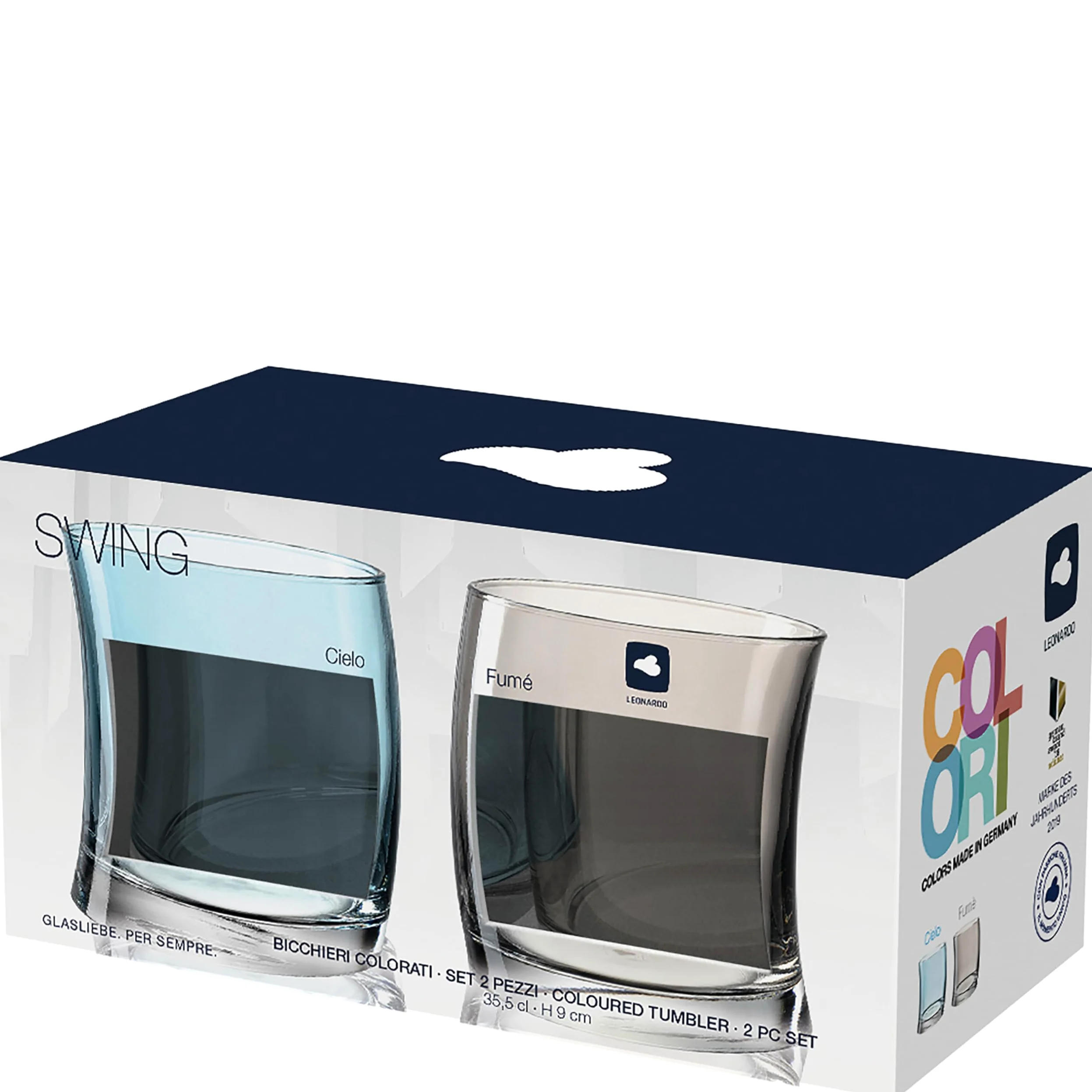 Leonardo Swing 70702 - Juego de 12 vasos de agua aptos para lavavajillas, diseño curvado, color gris y azul, 250 ml