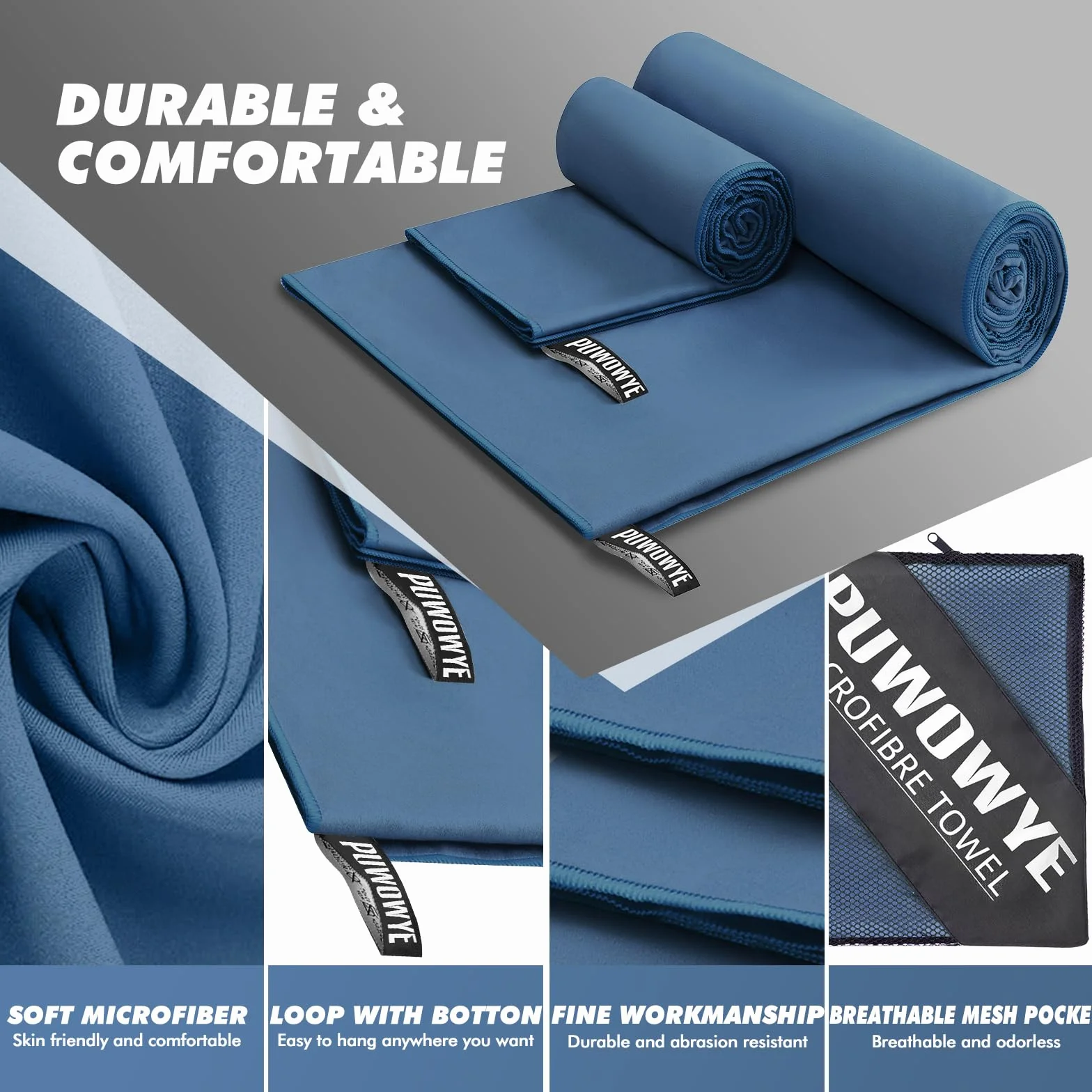 PUWOWYE Toalla Microfibra Set de 2, Toalla de Baño Grande 160x80 cm + Toalla Pequeña 80x40 cm, Toalla Playa Grande de Natacion, Toallas microfibras para el Gym, Viaje y Piscina, Azul