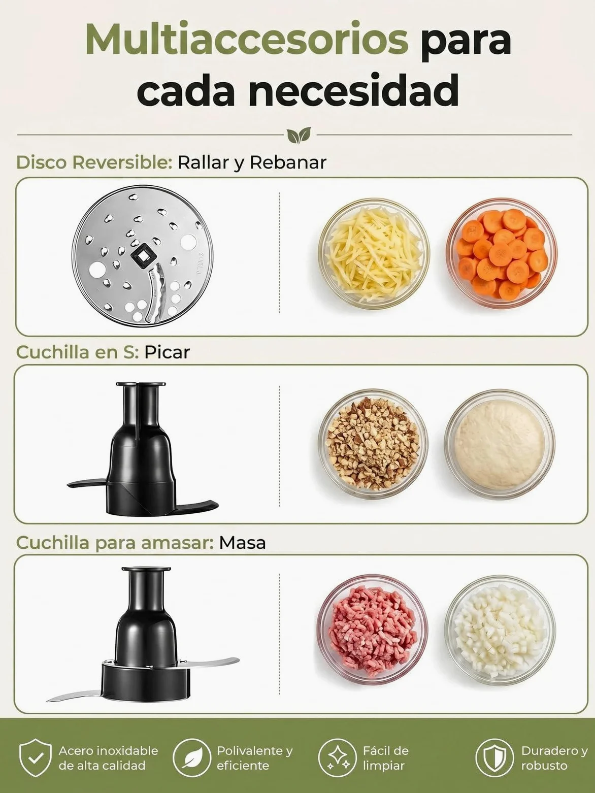 Robot de Cocina 2,3 L, Boca de Alimentación Grande 2 en 1 | Procesador de Alimentos 3 Vel. , Acero Inoxidable, Picar, Rallar, Hacer Puré, Amasar, fácil de limpiar para uso doméstic