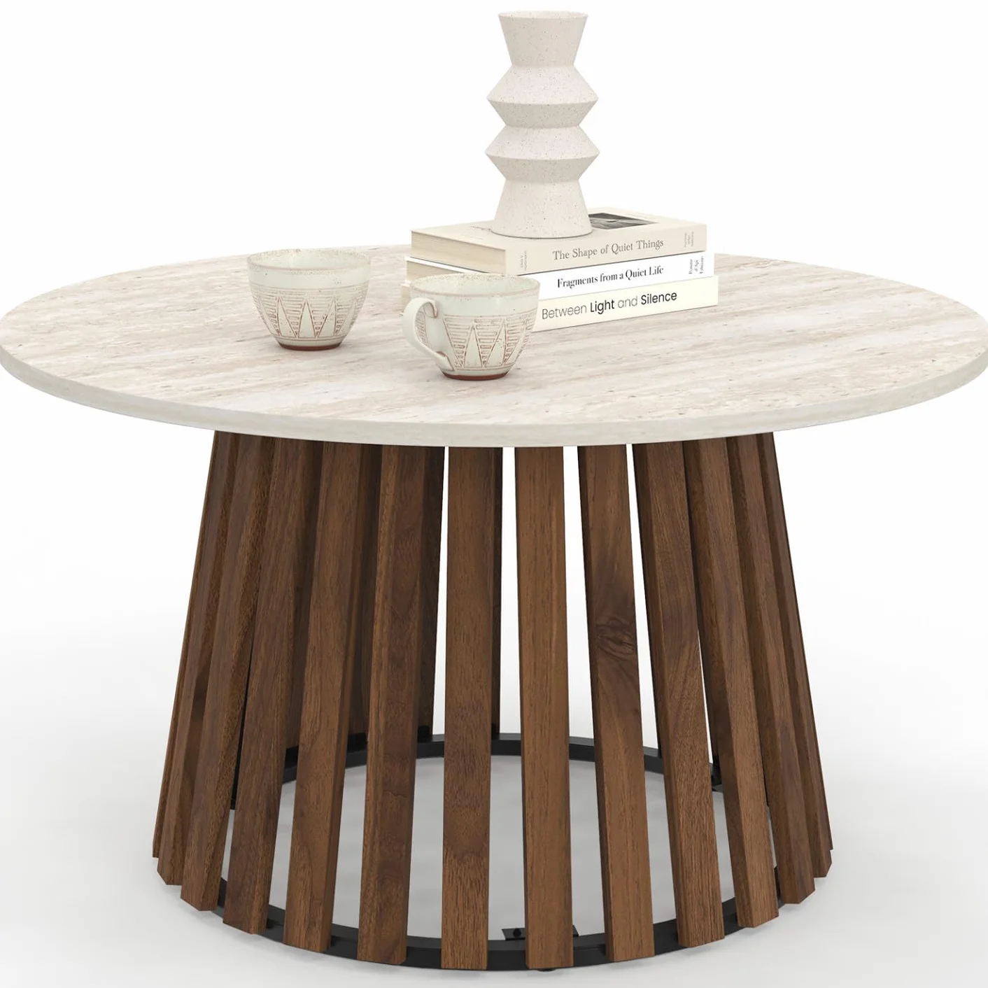 IDMarket - Mesa de centro, redonda, Carmen, 70 cm, base de madera de listones, efecto nogal y tapa de travertino