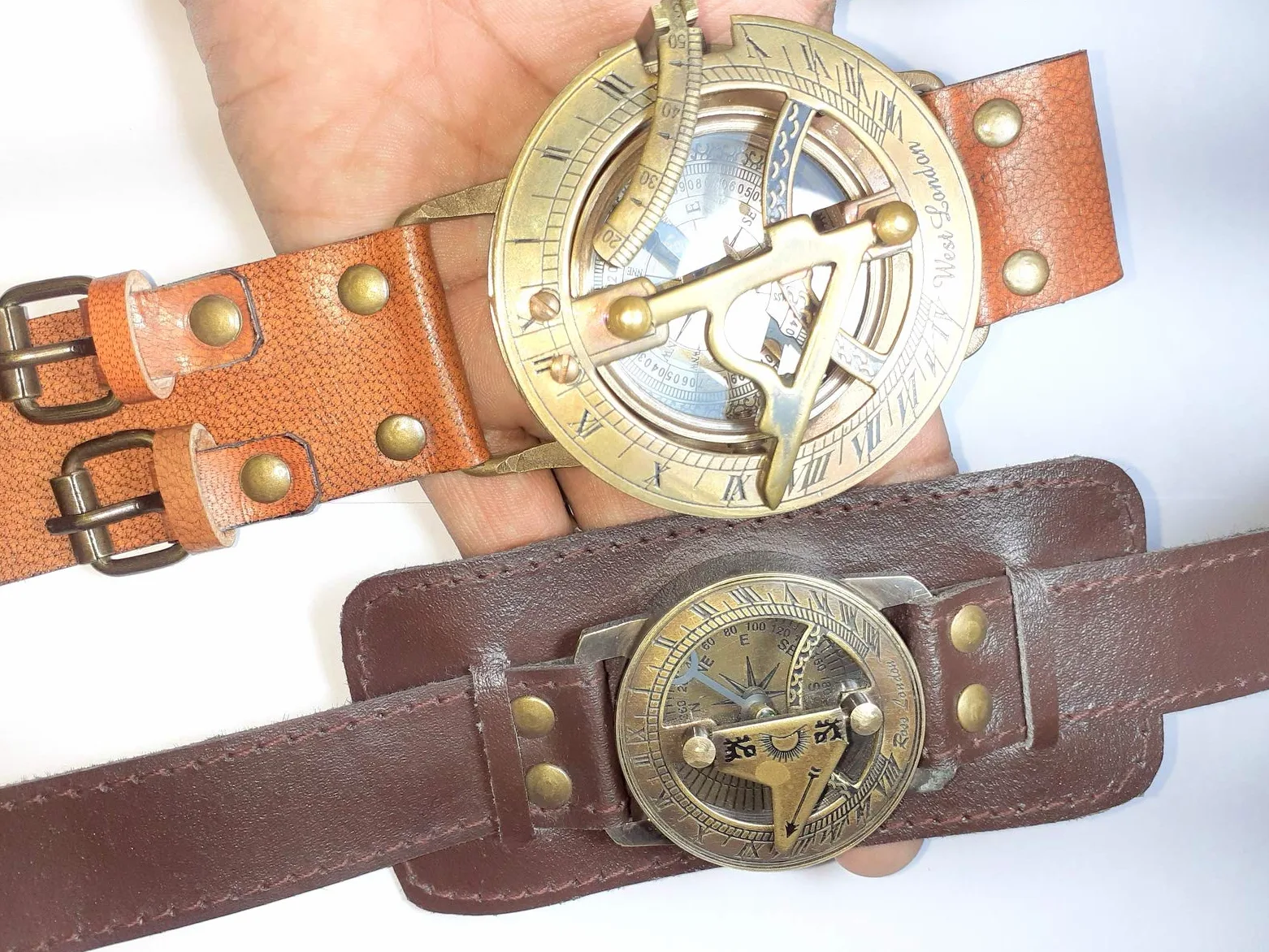 Reloj de pulsera Steampunk con brújula de latón y reloj de sol con correa de cuero, reloj solar de aprox. 15.4 x 6.4 x 2.9 pulgadas, Marrón, Antiguo