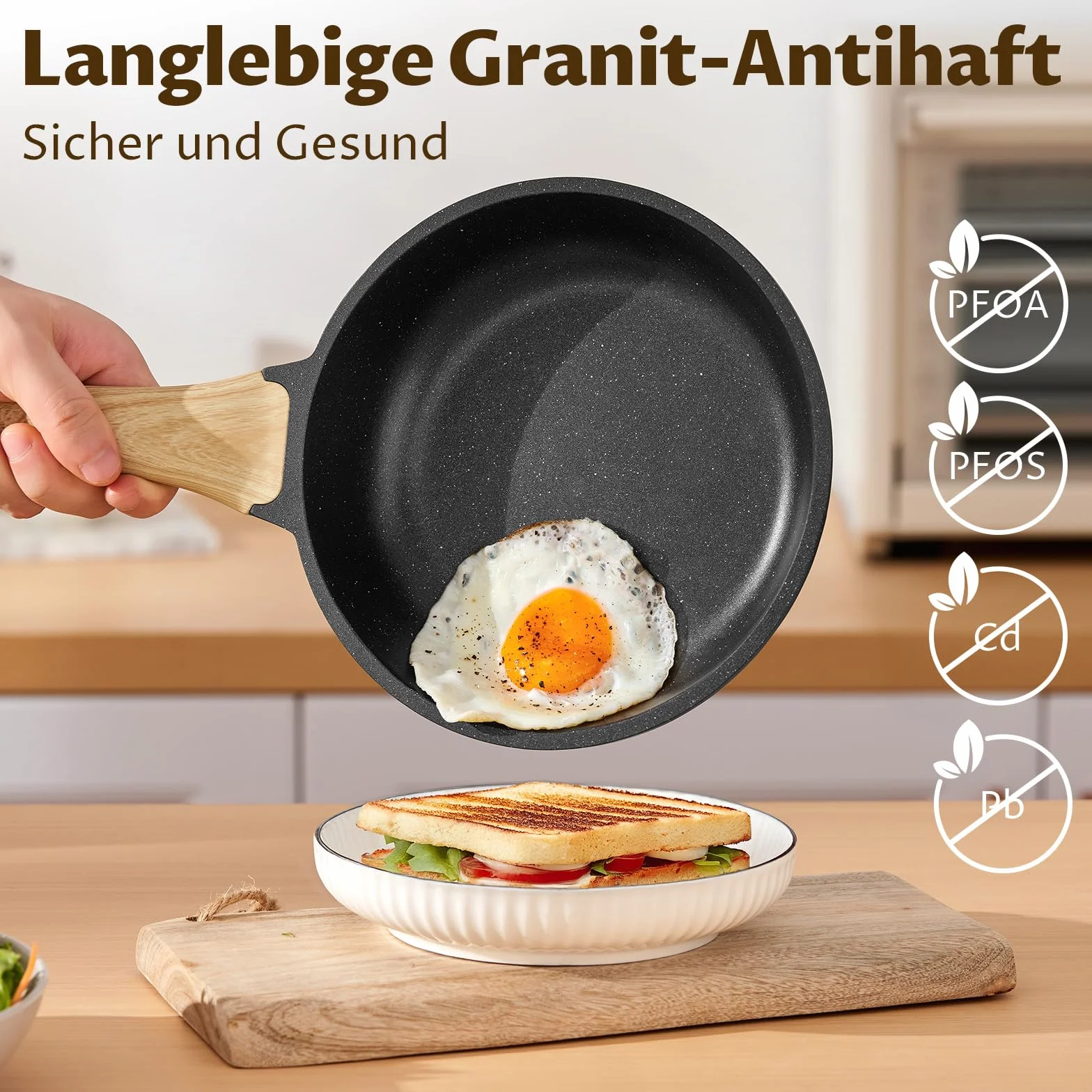 BLAZANT Juego de sartenes antiadherentes de inducción 20+24+28 cm, sartén de inducción para todas las cocinas, sartenes sin PFAS, fácil de limpiar, mango resistente al calor, granito