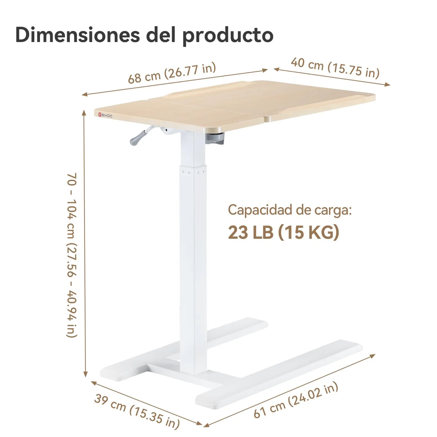 SIHOO D01 Escritorio Elevable Mesa Escritorio con Ruedas - Montaje Sencillo, Ajustable en Altura Neumático para Portátil/Cama/Uso Médico Hospital (Madera de Arce en Acabado Blanco)