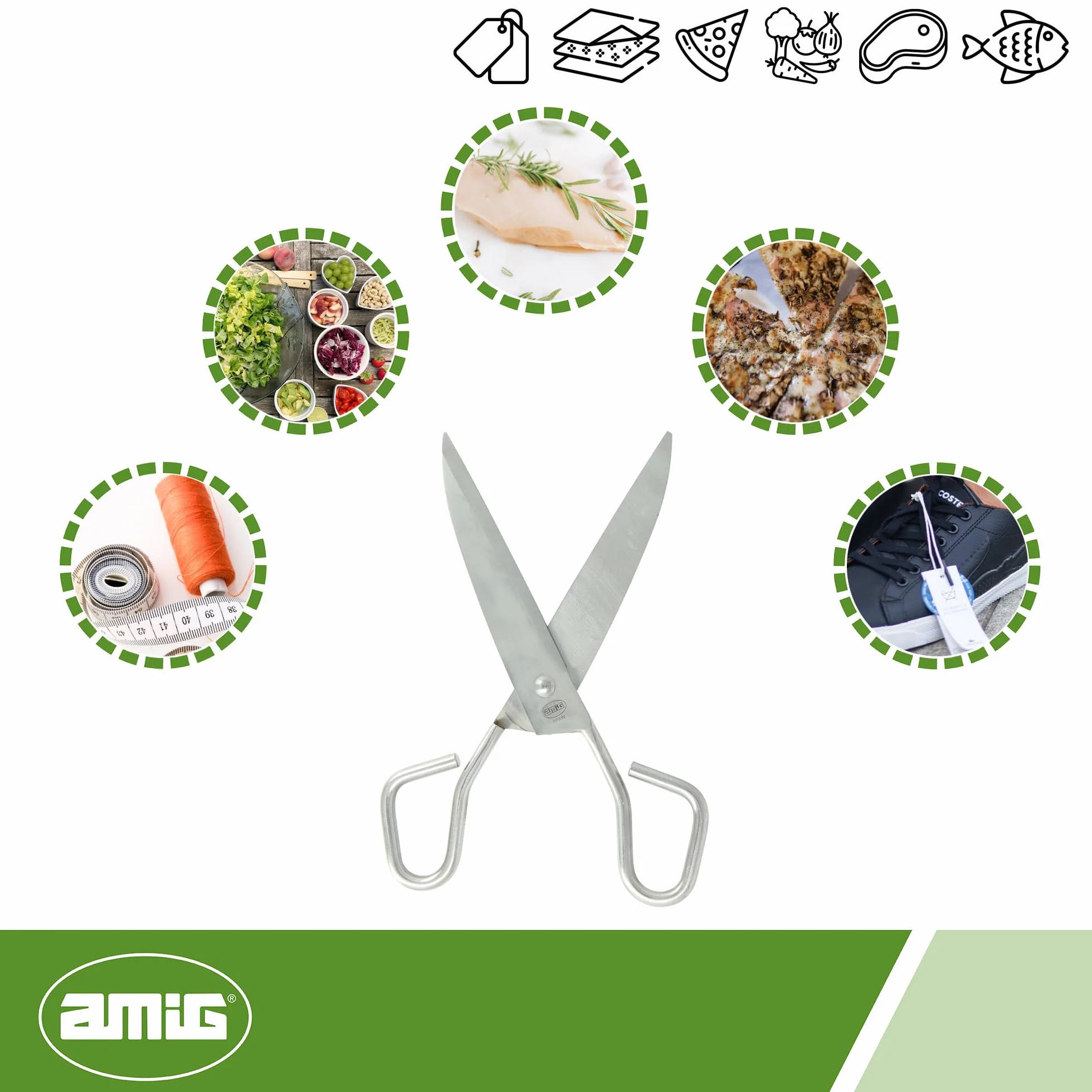 Amig - Tijeras de Cocina Multiusos - De Acero Inoxidable Templado - Sirven para Cortar Alimentos, Envases - Aptas para costura - Medidas: 1,5x11x28cm