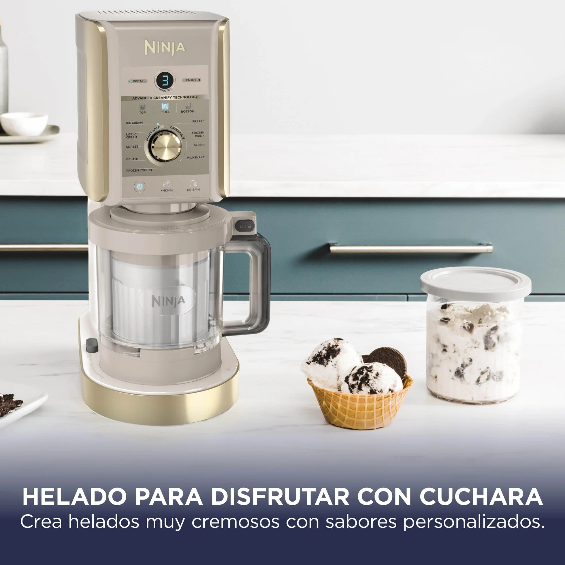 Ninja CREAMi Deluxe Heladera multifunción con 2 tarrinas, 10 programas, prepara Helado, Gelato, Sorbete, Yogur congelado, Batido, Granizado y más, opción de 2 sabores en 1, piedra dorada, NC502EUSTGD