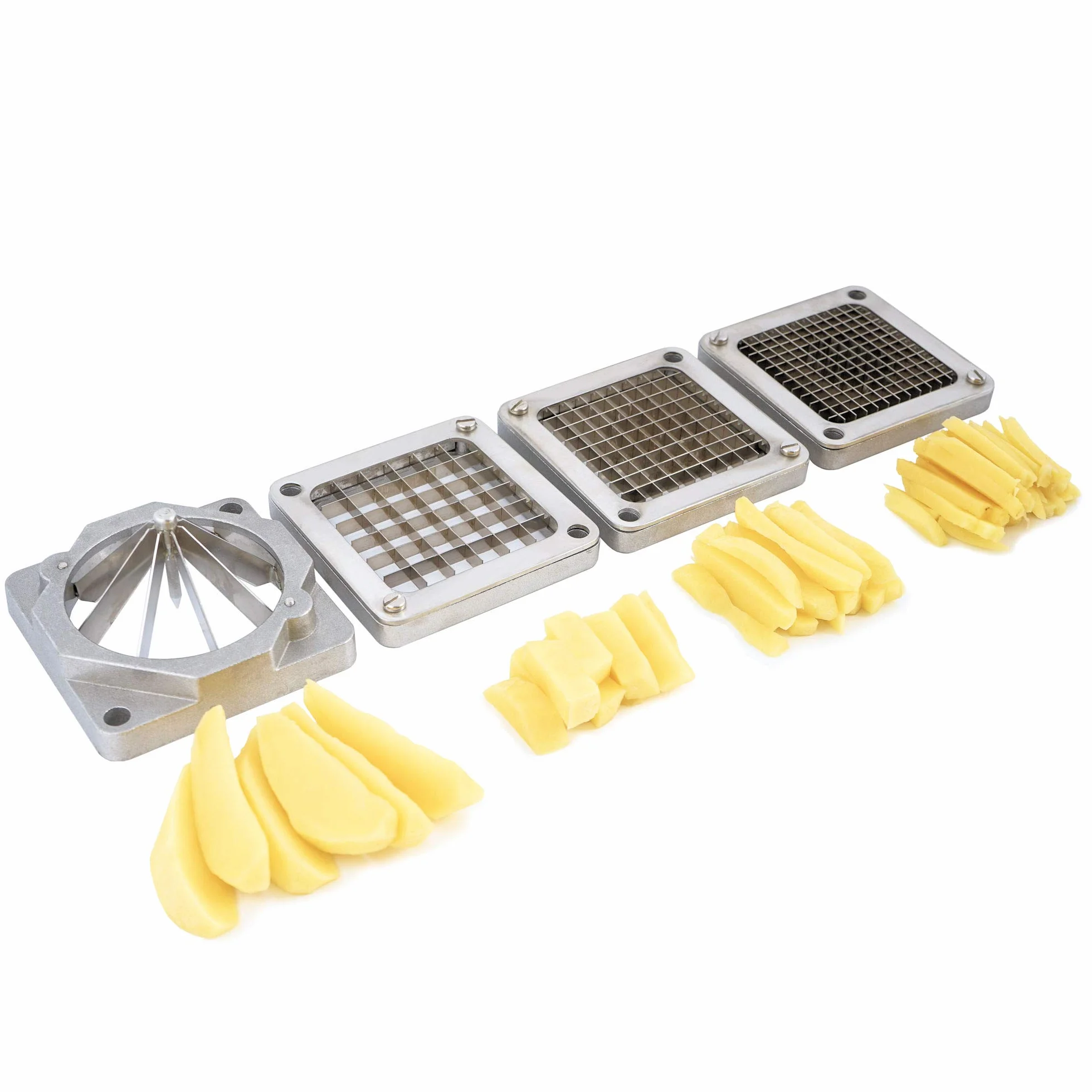 Mahlzeit Cortador de Patatas con 4 Moldes de Cuchillas de Acero Inoxidable | 45 x 17 x 29,5 cm | Cortador de Patatas Fritas en Tiras, Cuñas | para Verduras y Frutas