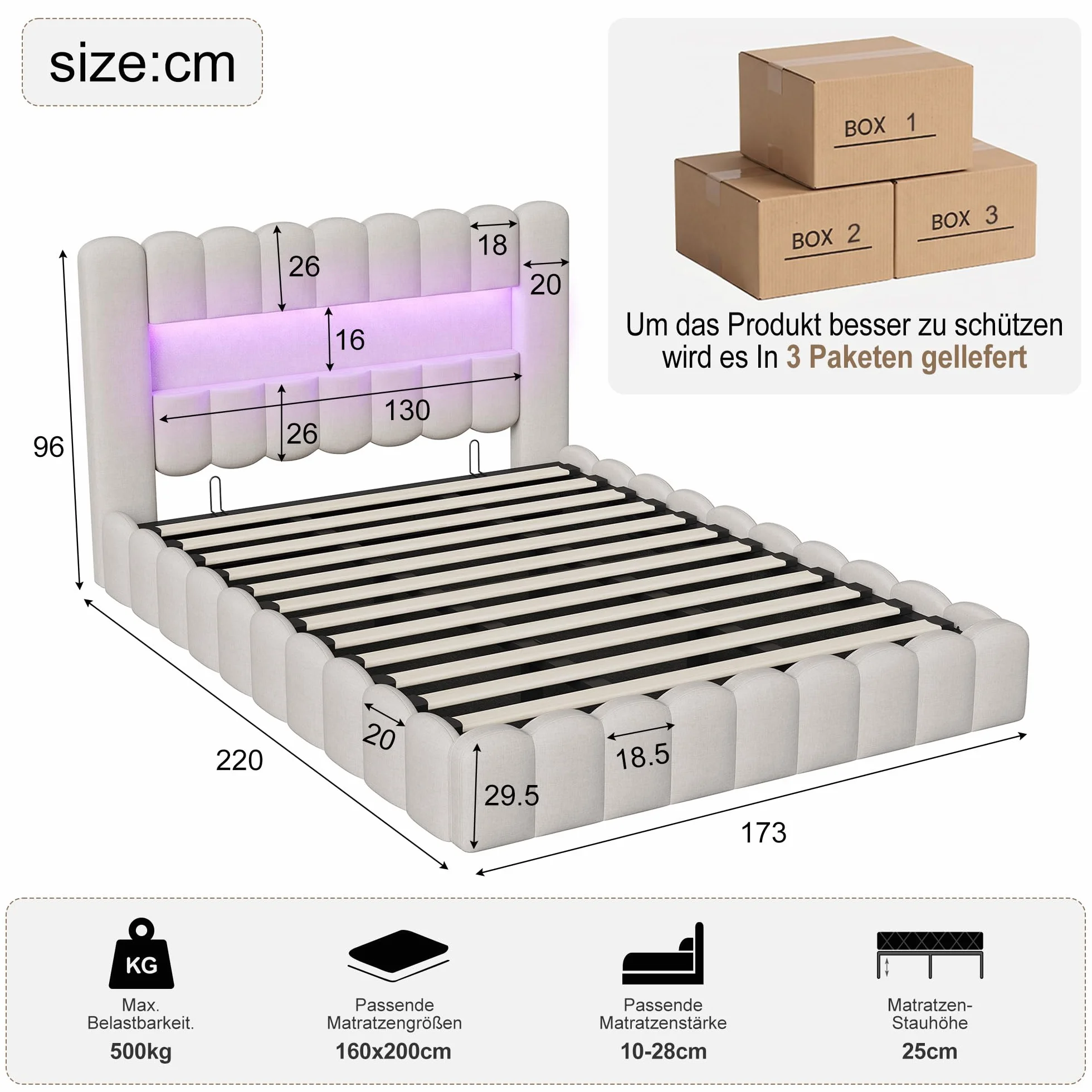 Cama tapizada de 160 x 200 cm con cajón, cama de 160 x 200 cm con espacio de almacenamiento hidráulico, cabecero con LED y USB, marco de cama doble con somier, lino beige, sin colchón