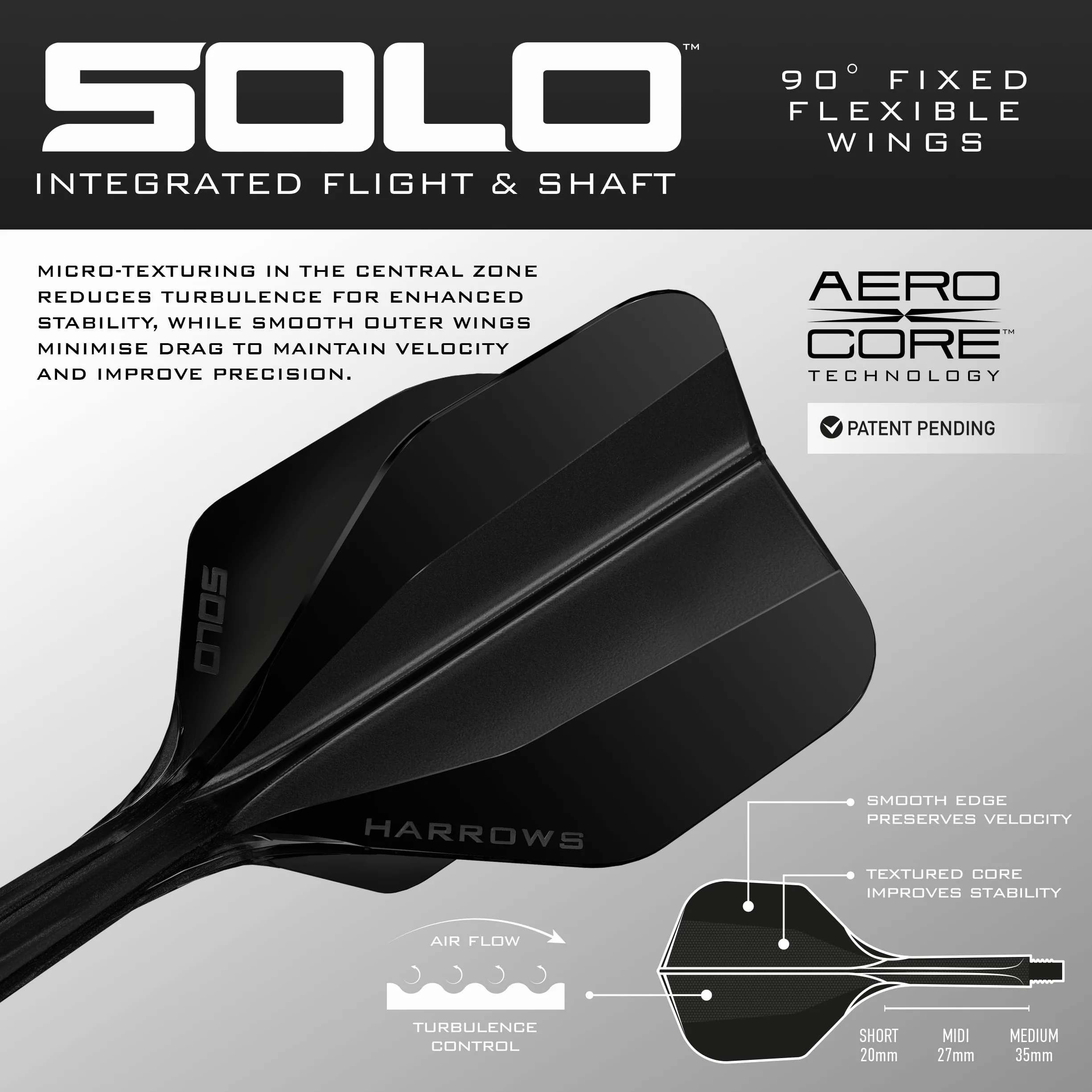 Harrows Solo Sistema integrado de vuelo y eje, 3 vuelos y ejes moldeados, construcción de núcleo aerodinámico de una sola pieza, diseño fijo de 90° para estabilidad, color negro medio