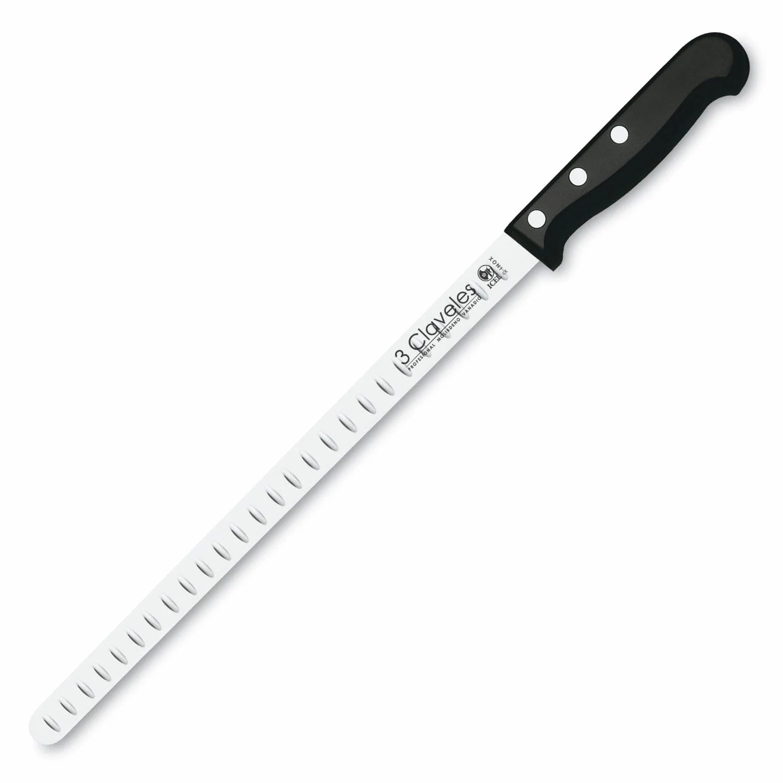 3 Claveles 00966 - Juego de cuchillos para rebanar de filo hueco y acero para afilar, 29 cm, Negro