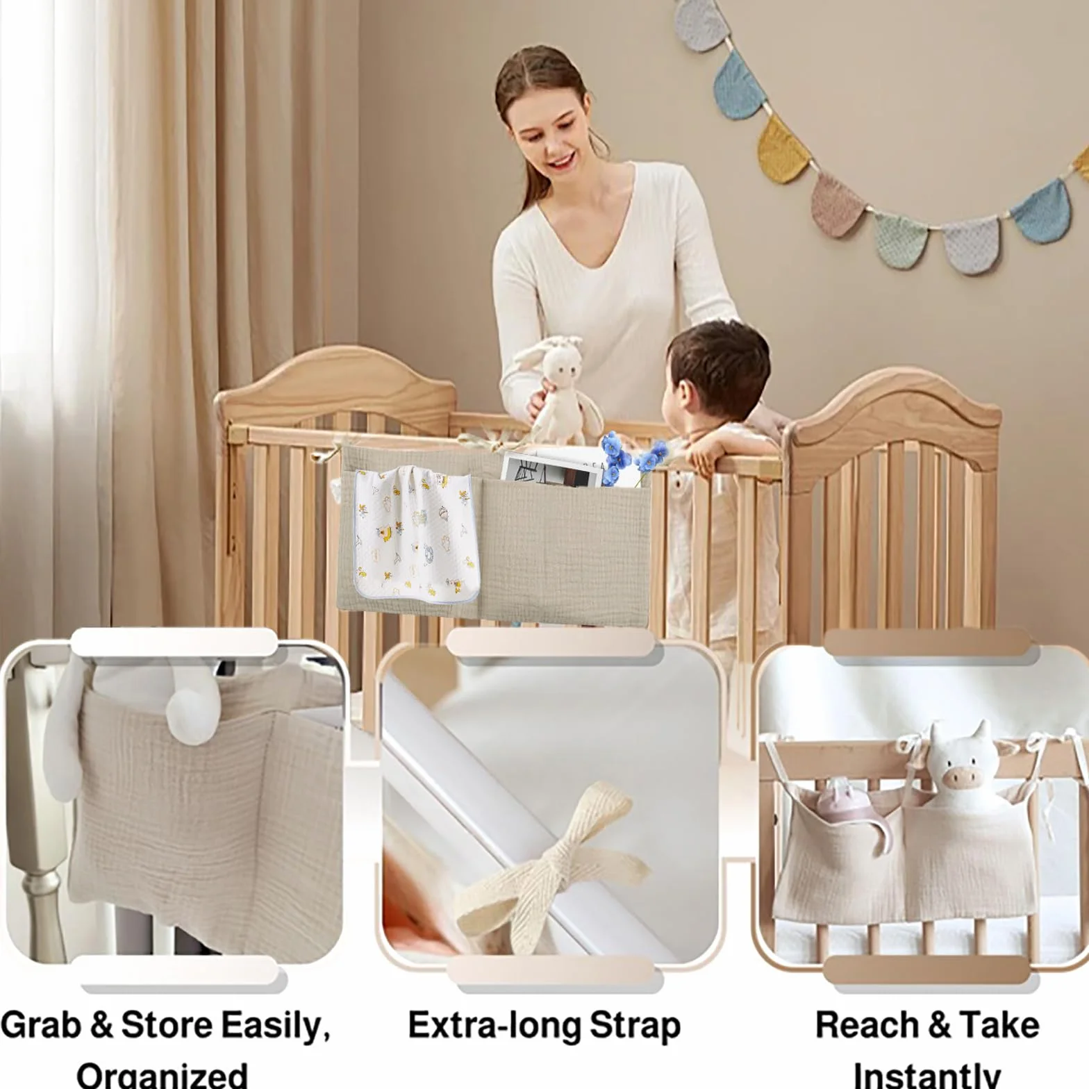 Organizador Colgante para Cama de Bebé, Bolso con Dos Bolsillos Grandes para Pañales y Juguetes, Caqui