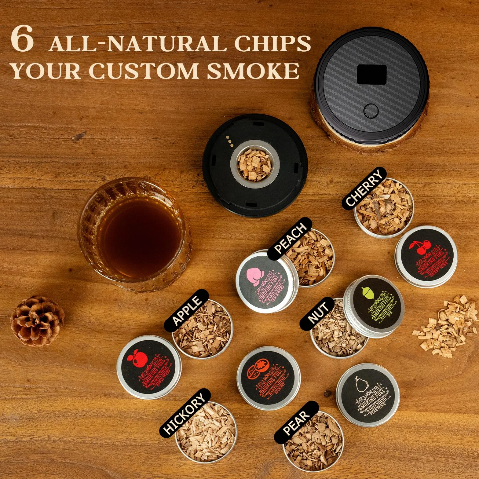 Kit de ahumador de Whisky, Kit de Ahumador de Cóctel con 6 sabores Chips de Madera, 6 Modos de luz, Recargable, Kit de ahumador de Bebidas Antiguas,Regalo para Padres, Esposos y Amantes Los Cócteles
