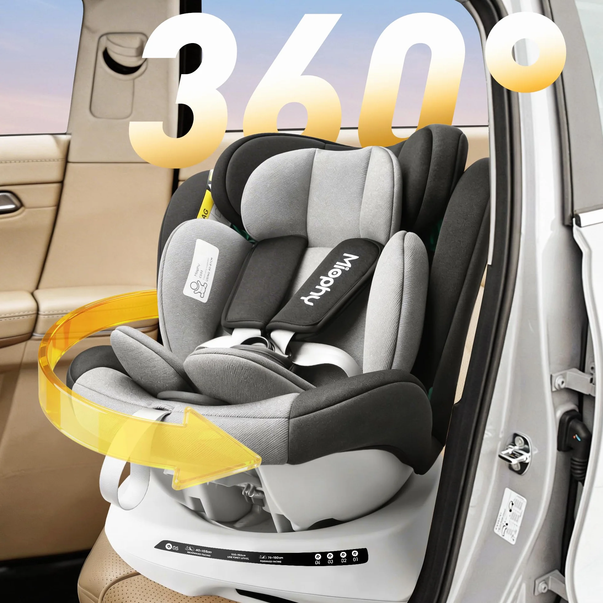 i-Size Giratoria 360º Silla de Coche, Grupo 0+123, 0-12 años, 40-150 cm, Silla Coche con isofix y Top Tether, Arnés de 5 puntos, Norma ECE R129/04
