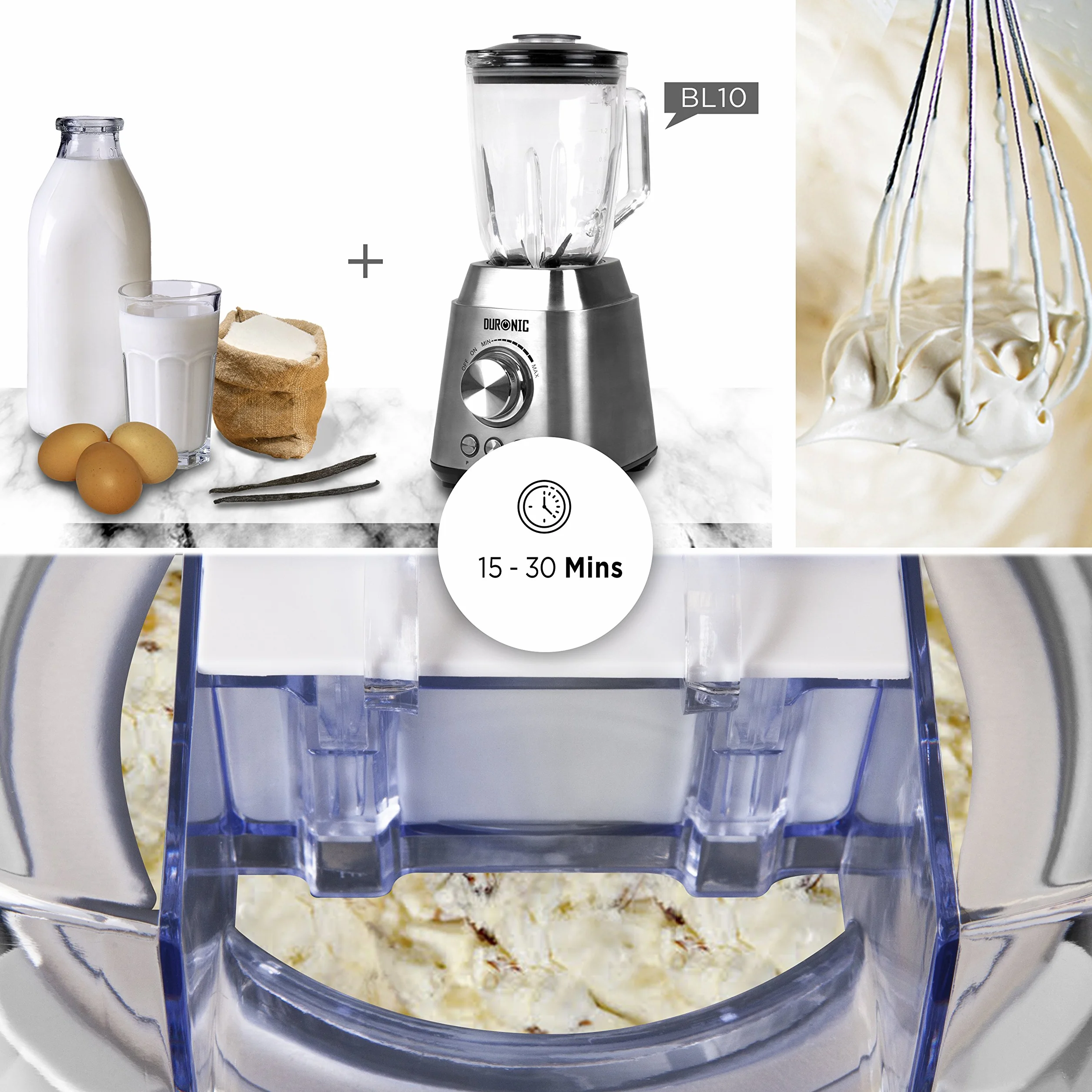 Duronic IM540 Heladera con bol de congelación de 1.5L para hacer helados en 15 a 30 min | Gran potencia | Incluye pala y accesorios | Desmontable y facil de limpiar | Helados caseros sorbete y yogur