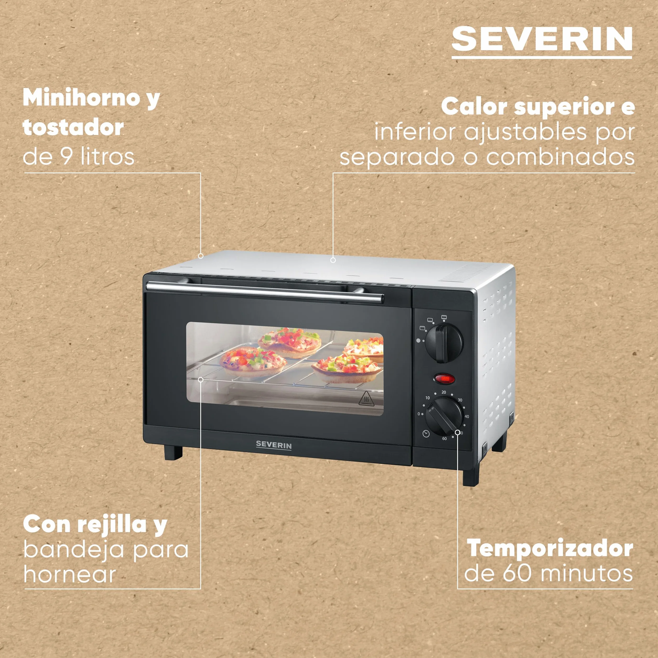 SEVERIN Mini horno tostador, horno compacto de sobremesa con grill, horno pequeño con bandeja y temporizador de 60 minutos, 800 W, 9 L, negro, TO 2052