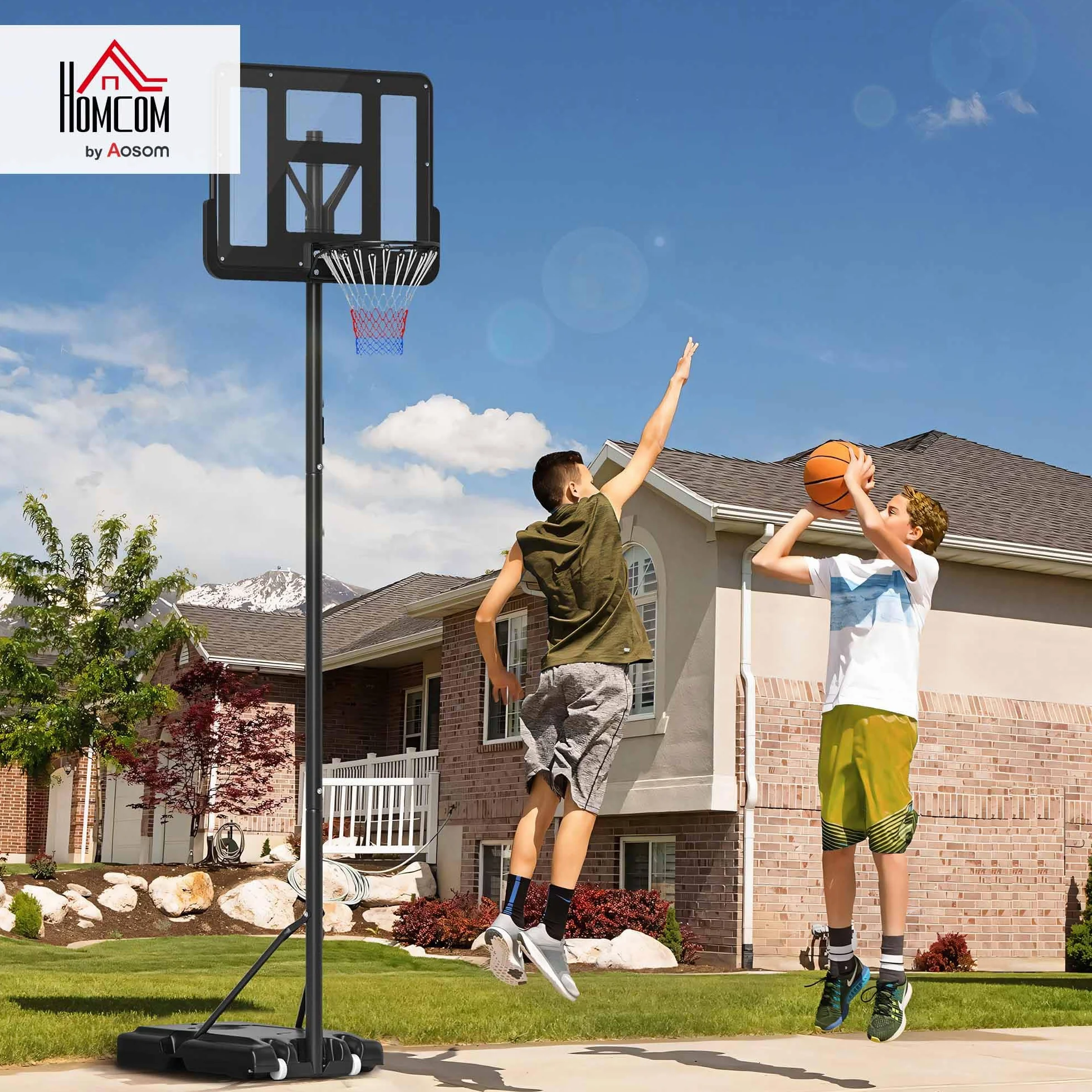 HOMCOM Canasta de Baloncesto Exterior Altura Ajustable 220-365 cm Aro Portátil con Soporte Base Rellenable Negro