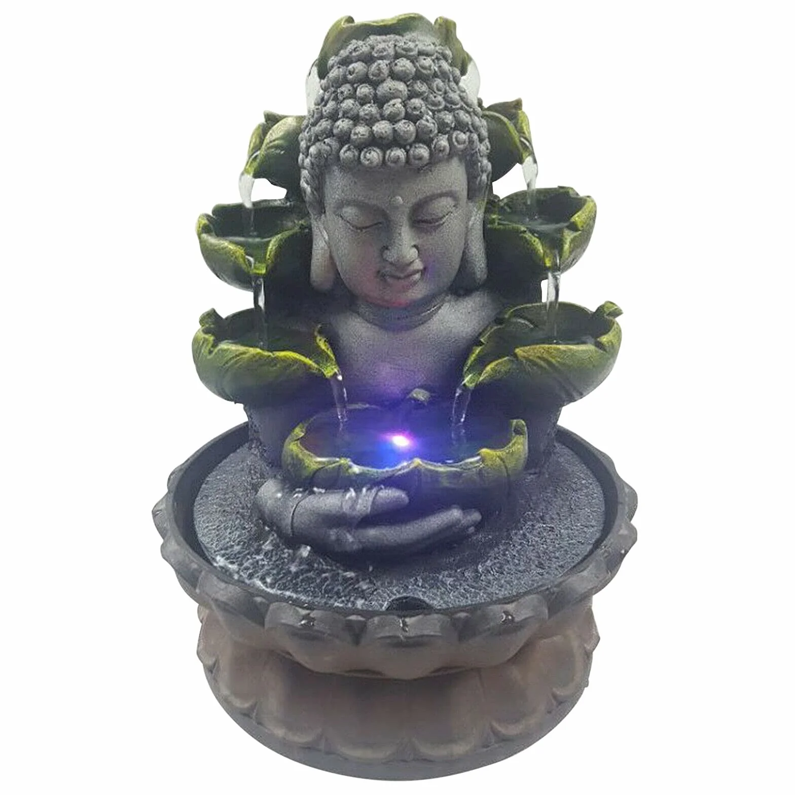 Fuente de interior, decoración de Buda, resina de interior, adornos de cascada de agua con lámpara LED de 4 colores