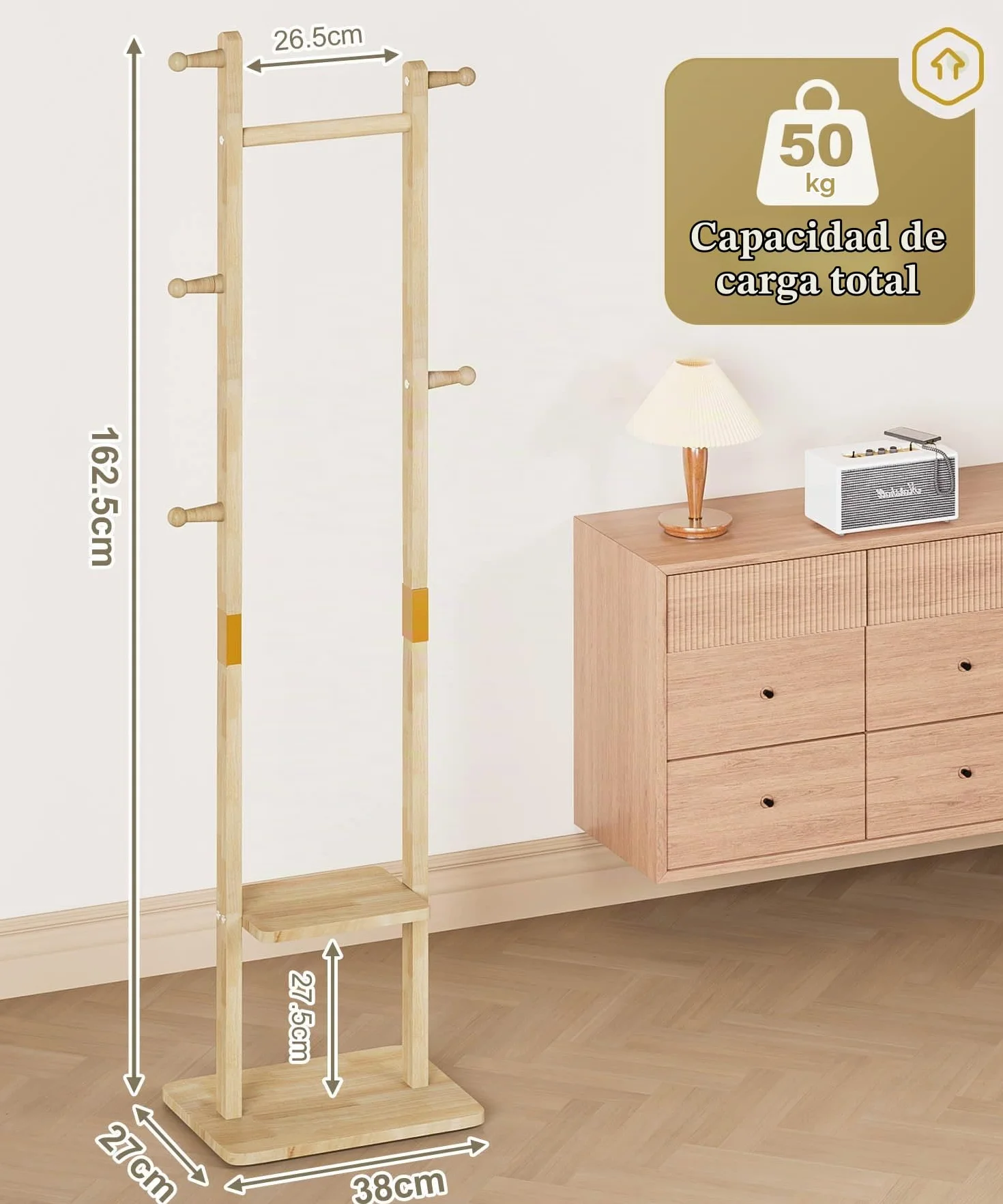 YORBAY Perchero de madera de pie: Burro Ropa con 2 estantes, 5 ganchos y 1 barra, ideal para guardar ropa, sombreros, chaquetas y bolsos, ideal para sala de estar Recibidor Dormitorio