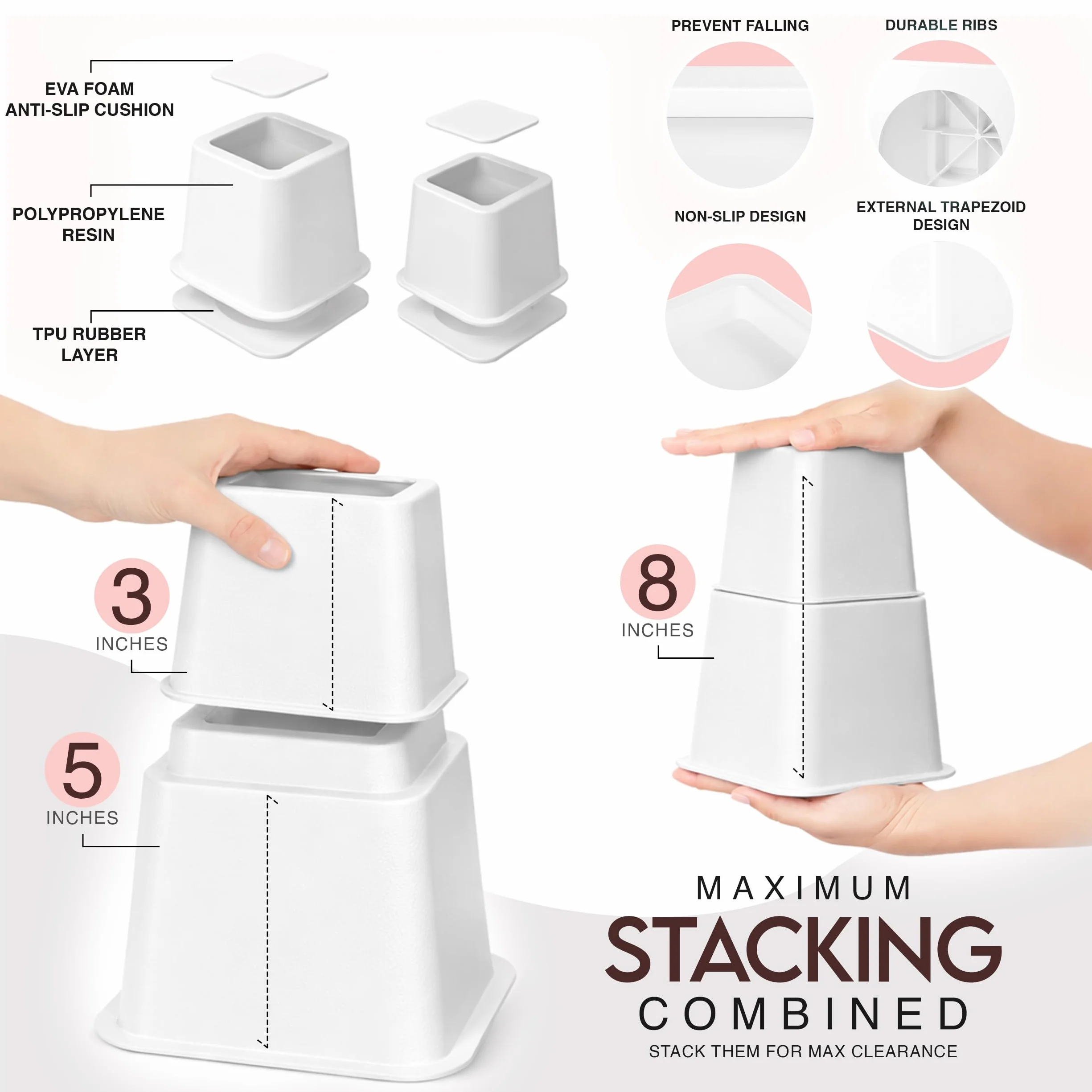 Utopia Bedding Elevadores Ajustables para Muebles de Cama (White, Pack de 8)