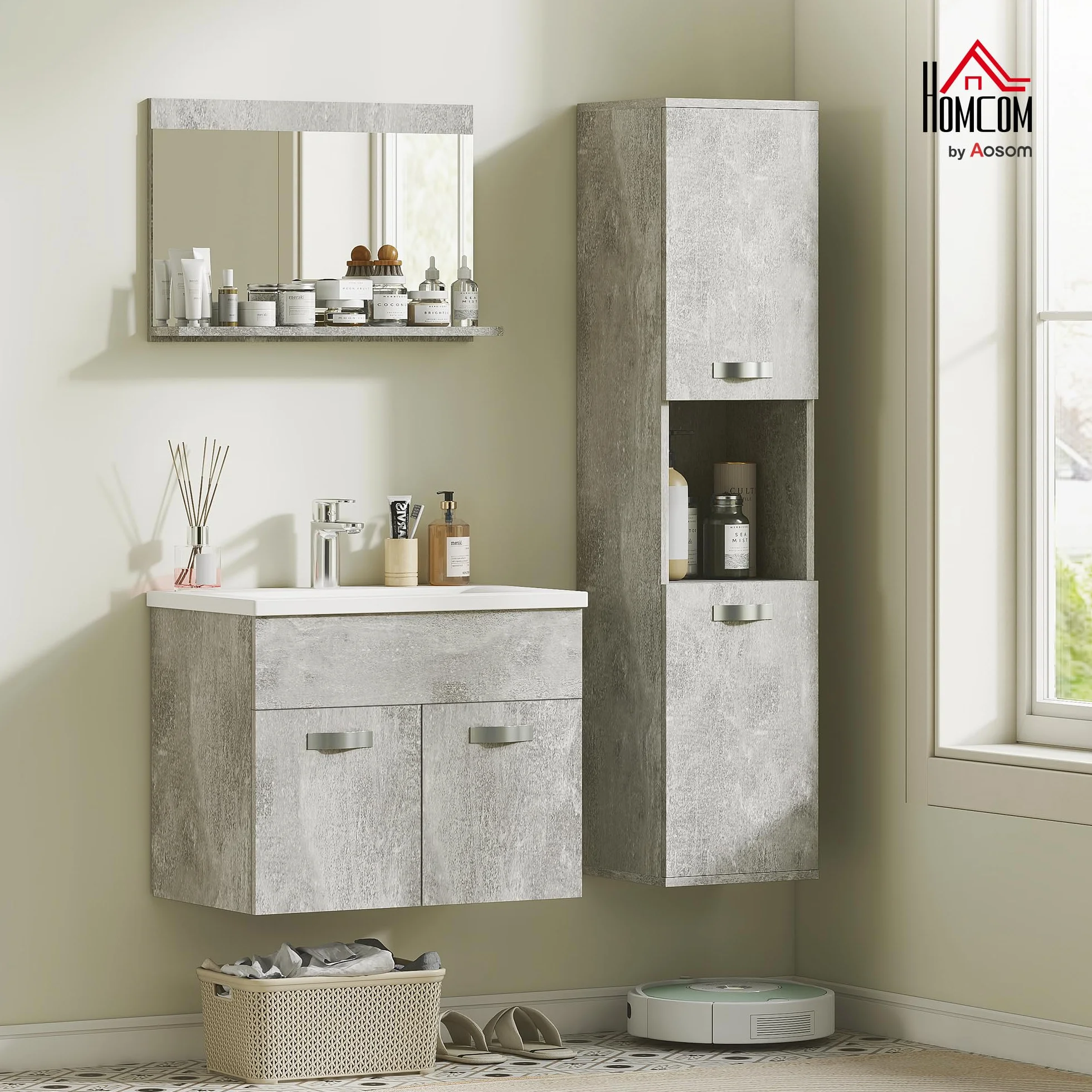 kleankin Conjunto de Muebles de Baño de Pared de 3 Piezas, Incluye Espejo, Mueble de Baño con Lavabo Cerámico, Armario Alto con Estantes Ajustables, Estilo Moderno, Gris