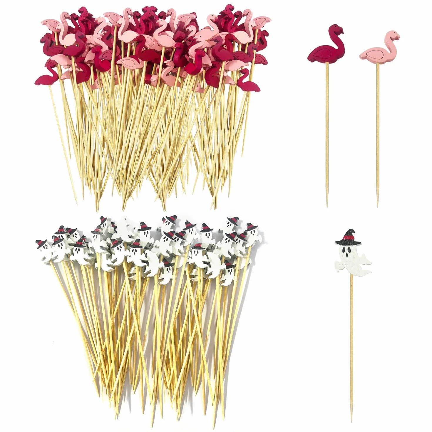 200 Piezas Brochetas Decorativas De Bambú, Brochetas De Flamenco De Dos Tonos, Brochetas De Decoración De Cócteles, Brochetas De Pastel De Flamenco, Brochetas De Frutas De Madera