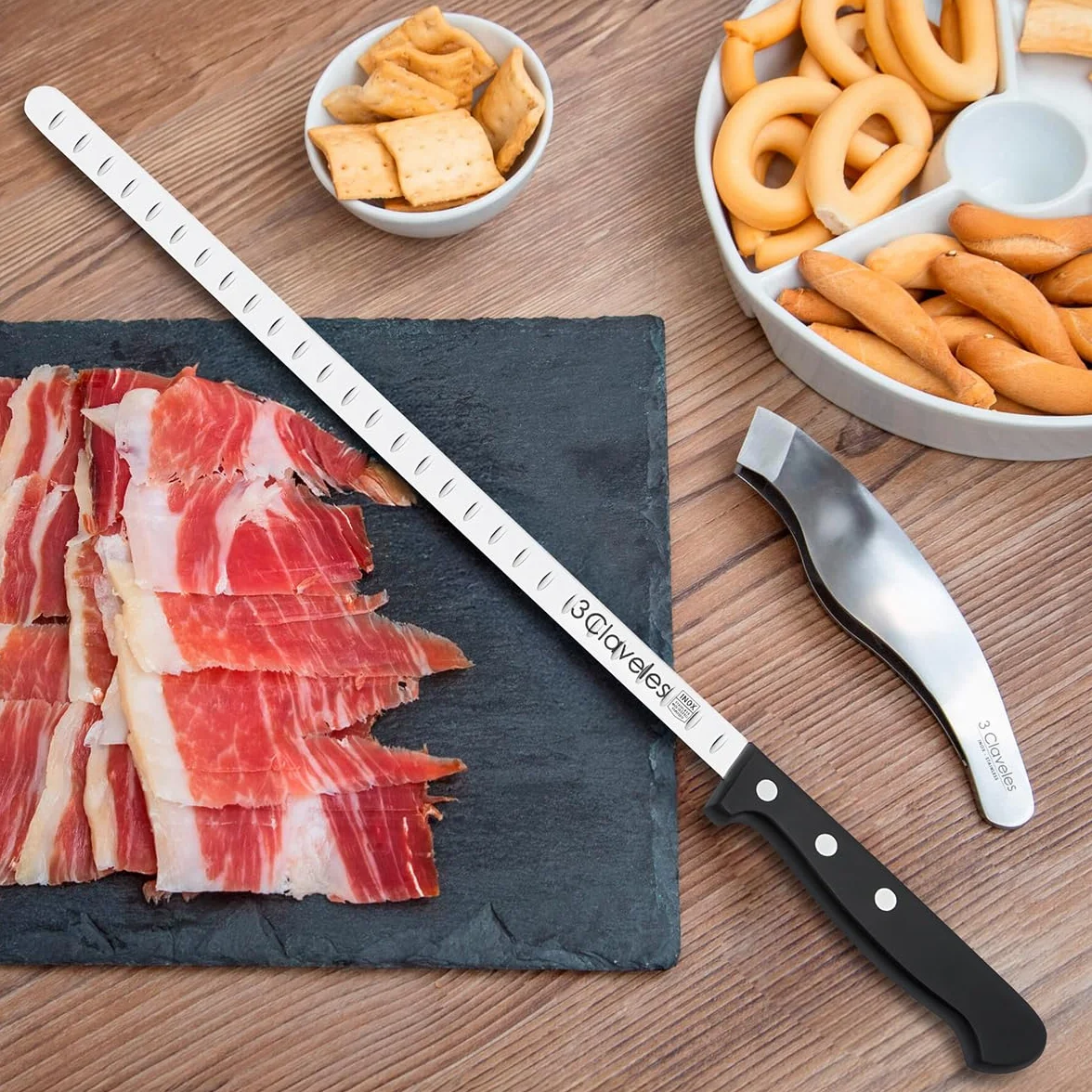 PracticDomus 3 Claveles Cuchillo Jamonero Estrecho, Alveolado, Acero Inoxidable, Mango Pom Negro, 29 cm