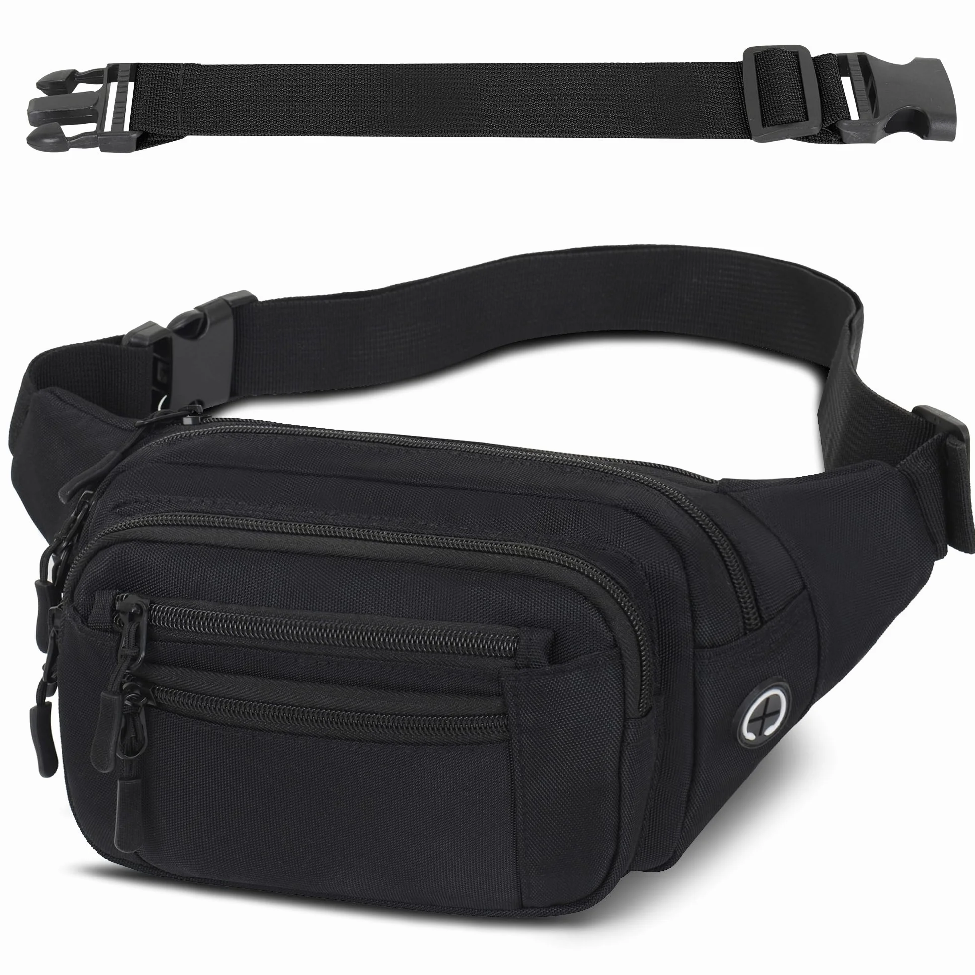 Riñonera Deportiva Unisex con Cinturón Ajustable 30 cm 6 Bolsillos Cremallera Negro