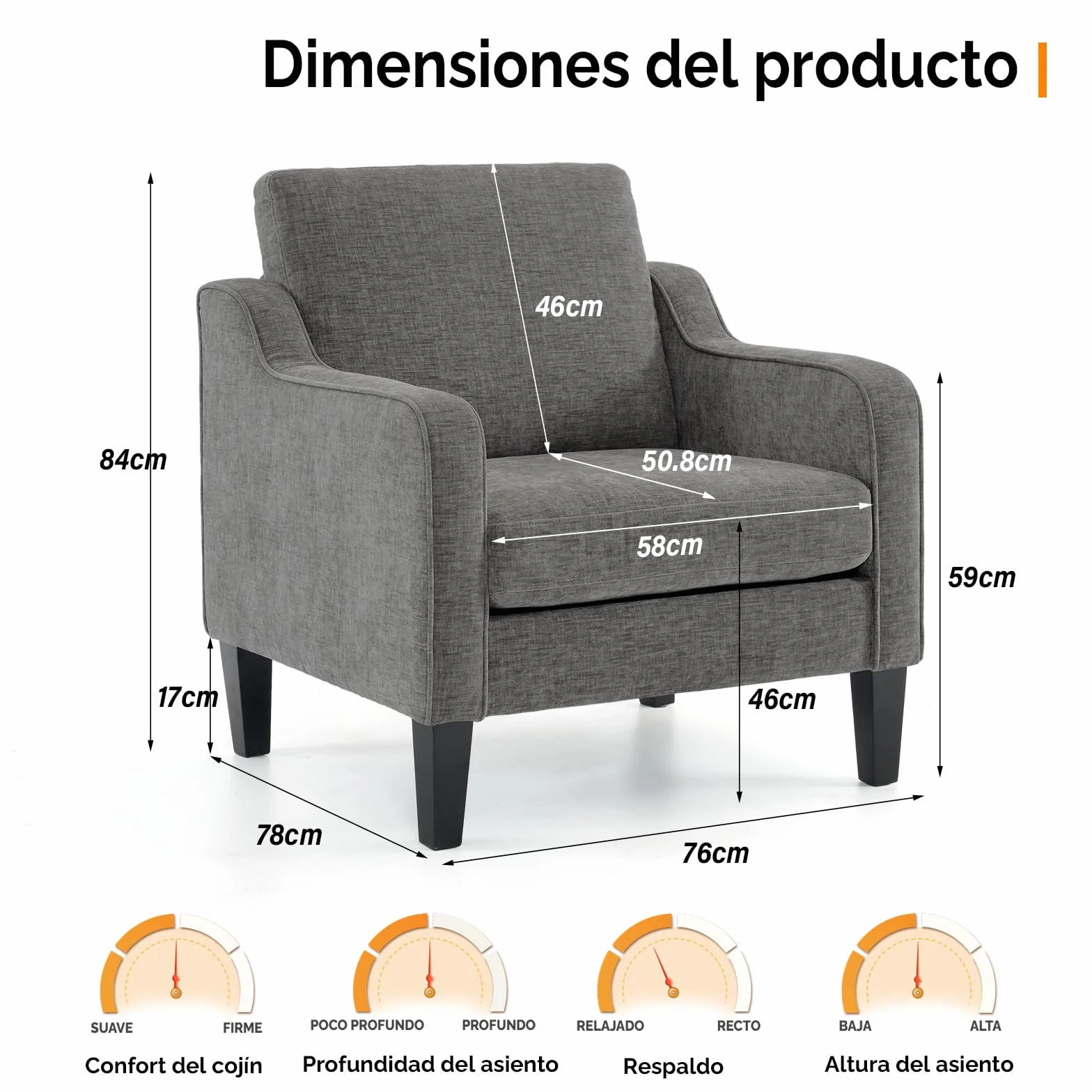 Bonnlo Juego de 2 Sillón de Salón, Butaca Moderna para Sala de Estar, Sofá Individual con Cojín Grueso y Patas de Madera, Sillón Individual Cómodo, para Salón, Oficina y Dormitorio, Gris