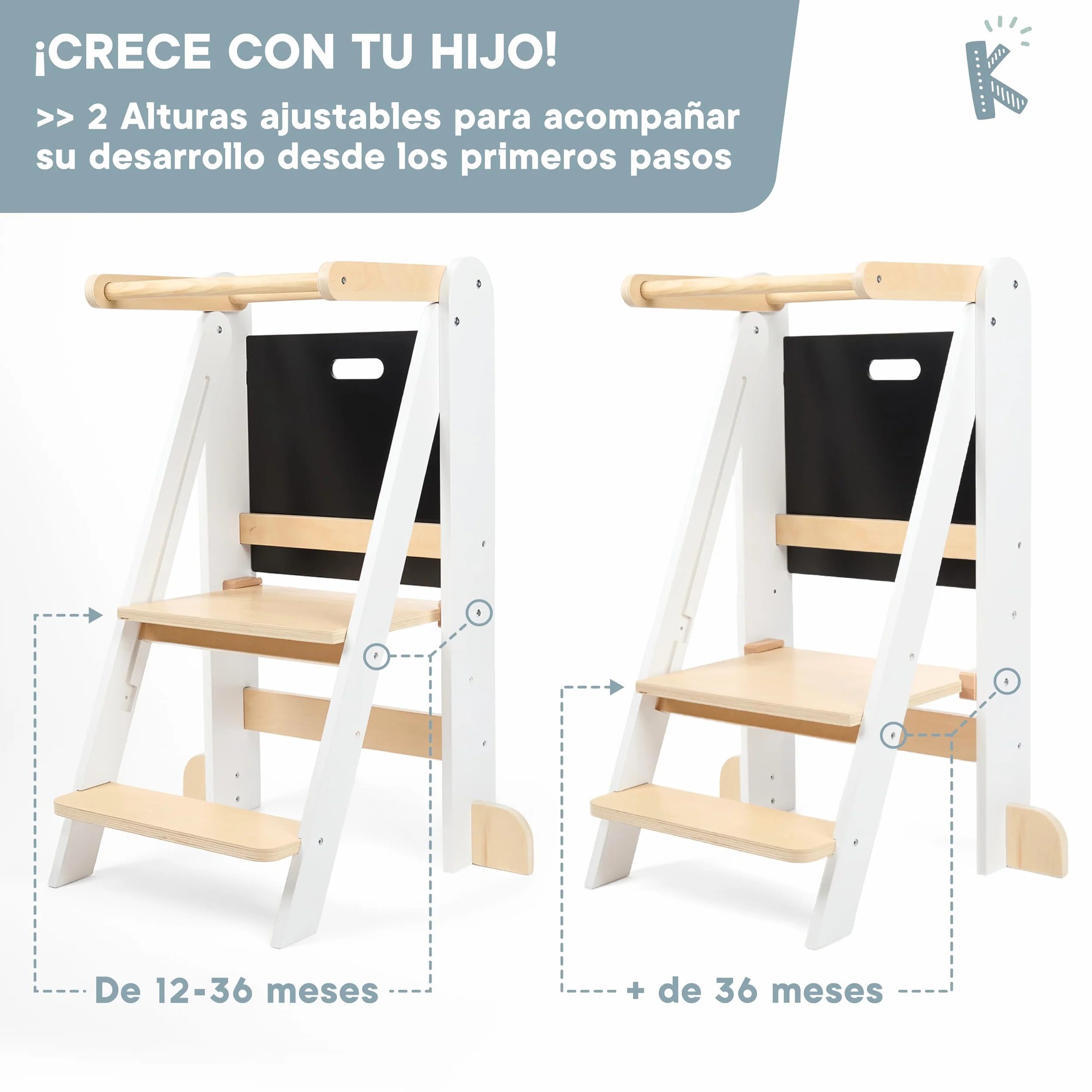 Torre de Aprendizaje Plegable Premium, Ajustable 2 Alturas, Diseño Nórdico con Pizarra Desmontable, Patas Anticaída