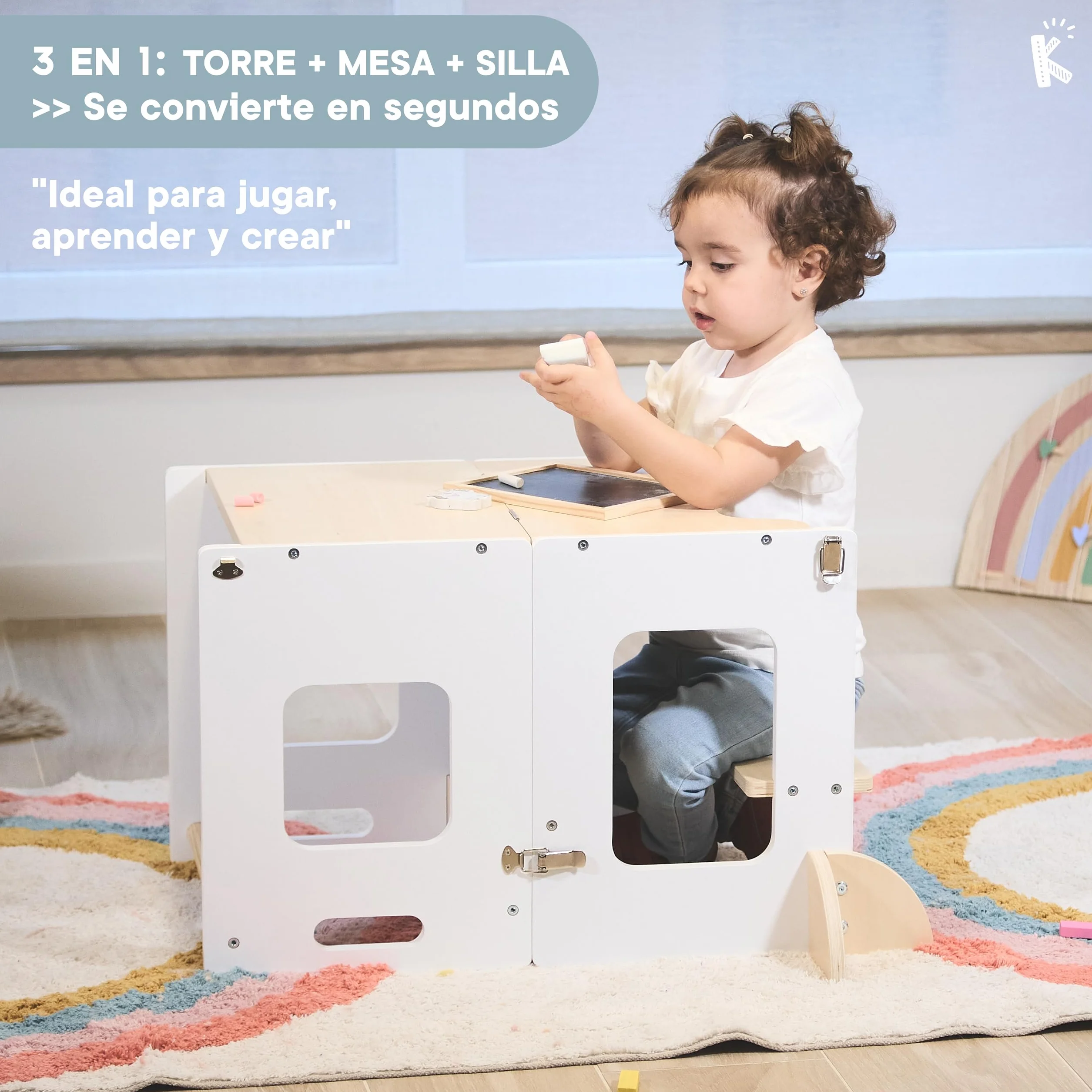 Torre de Aprendizaje Plegable Montessori Premium 3 en 1 Convertible en Escritorio con Pizarra
