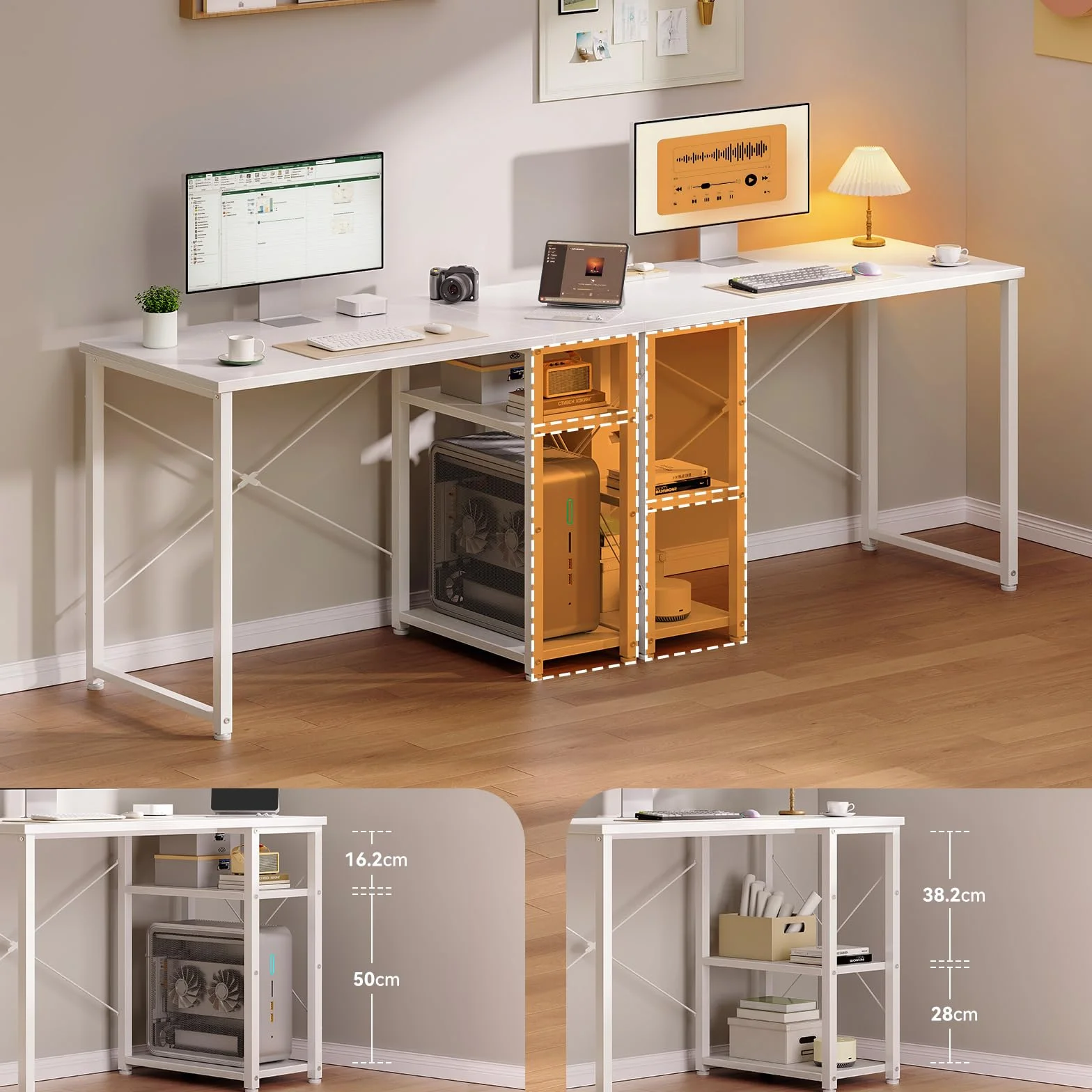 ODK Escritorio con Estantería Reversible, 100x48cm Mesa Escritorio con Estantes de Almacenamiento, Mesa Oficina Mesa Ordenador para en Casa, Estudio y Gaming, Blanco